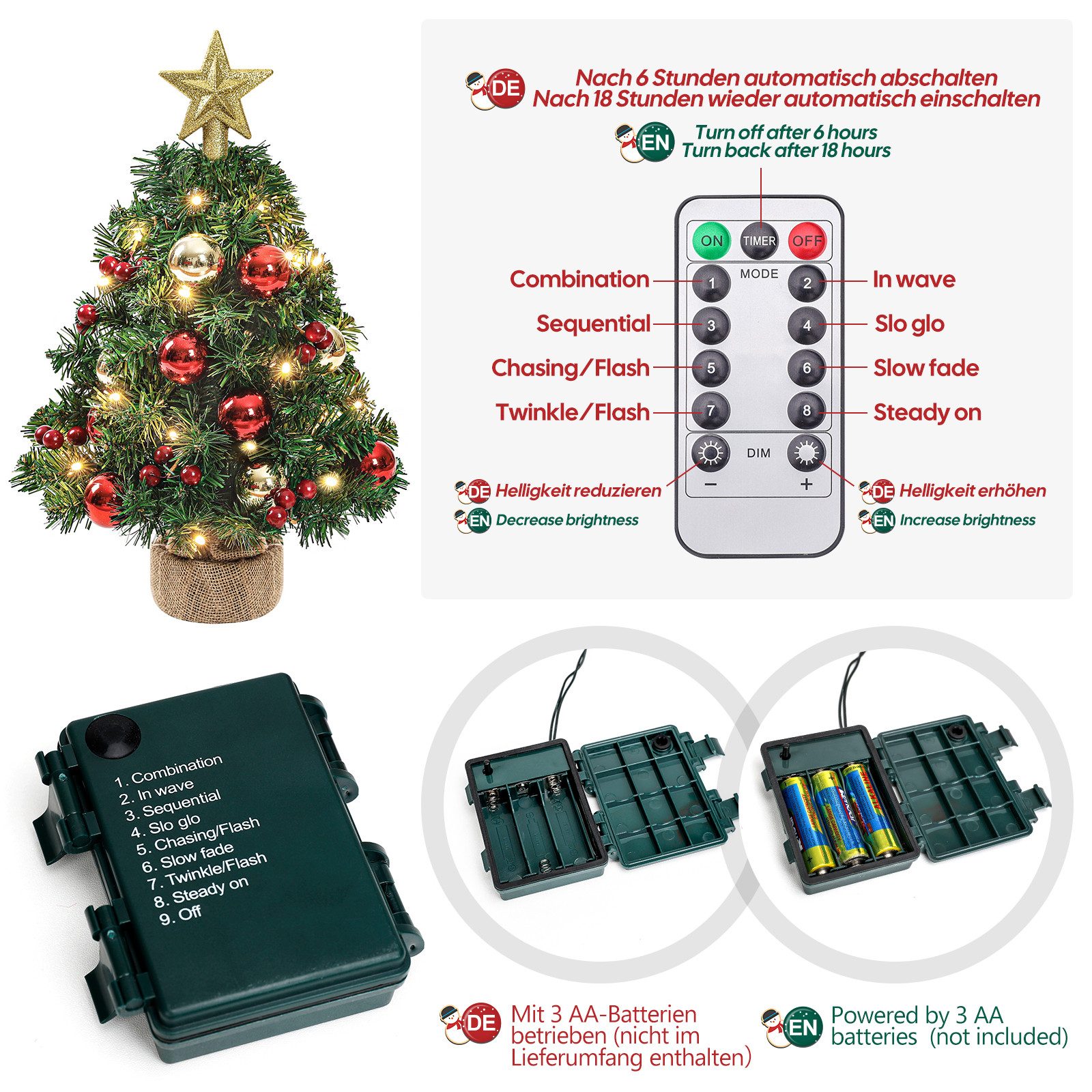 Yorbay Künstlicher Weihnachtsbaum Mini Weihnachtsbaum mit warmweiß LEDs, 8 Licht Modi, Batterie betrieben, für Weihnachten, Advent, künstlich, Geschmückt – Bild 3 von 5