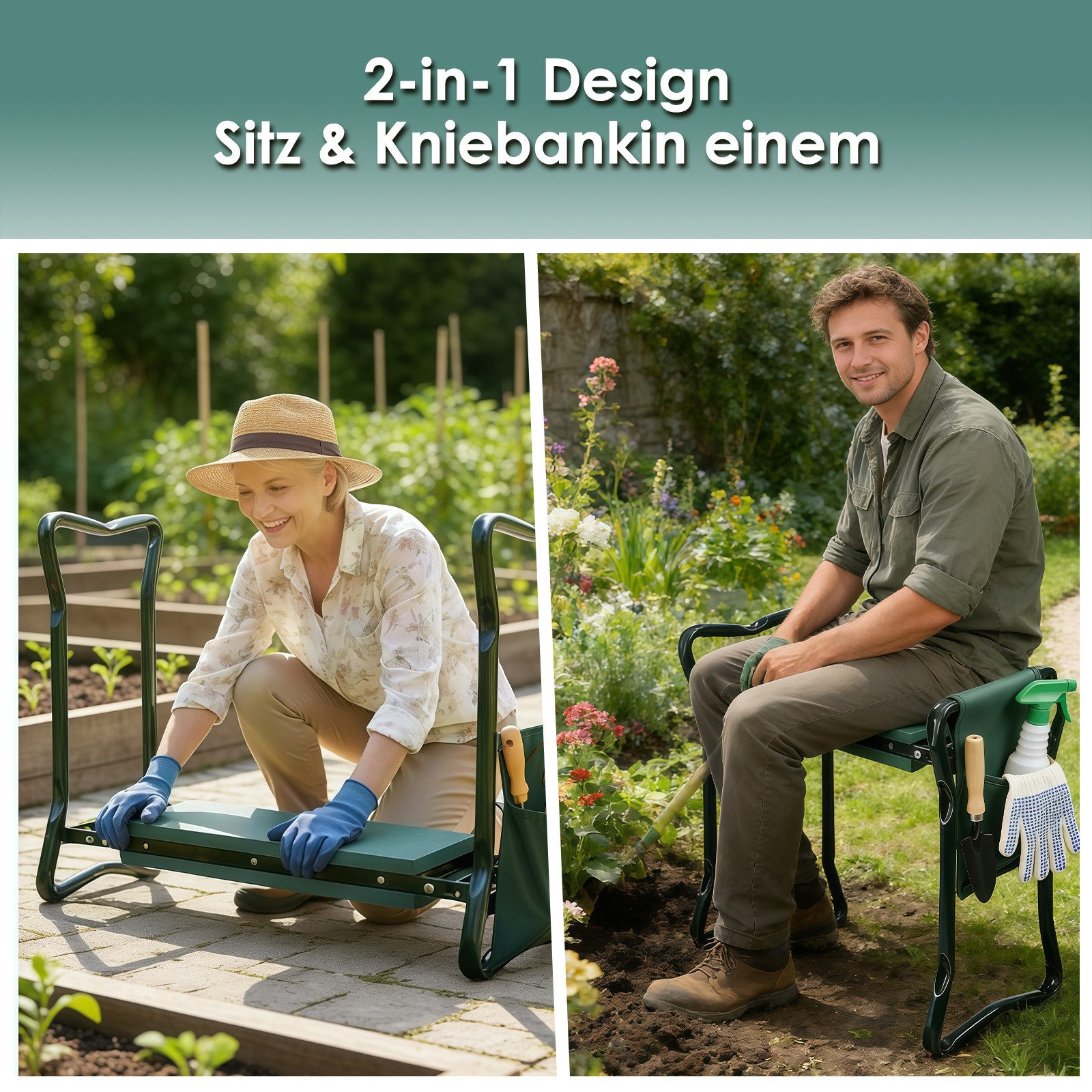 PFCTART Kniebank Gartenhocker mit Sitz und Kniekissen als klappbare Kniebank, BxLxH: 60x27x49 cm,(Set, Faltbar aus Metall mit EVA Polster, perfekt als Kniekissen für Garten), Gartensitz mit Werkzeugtaschen, ideal für Gartenarbeit und Zubehör