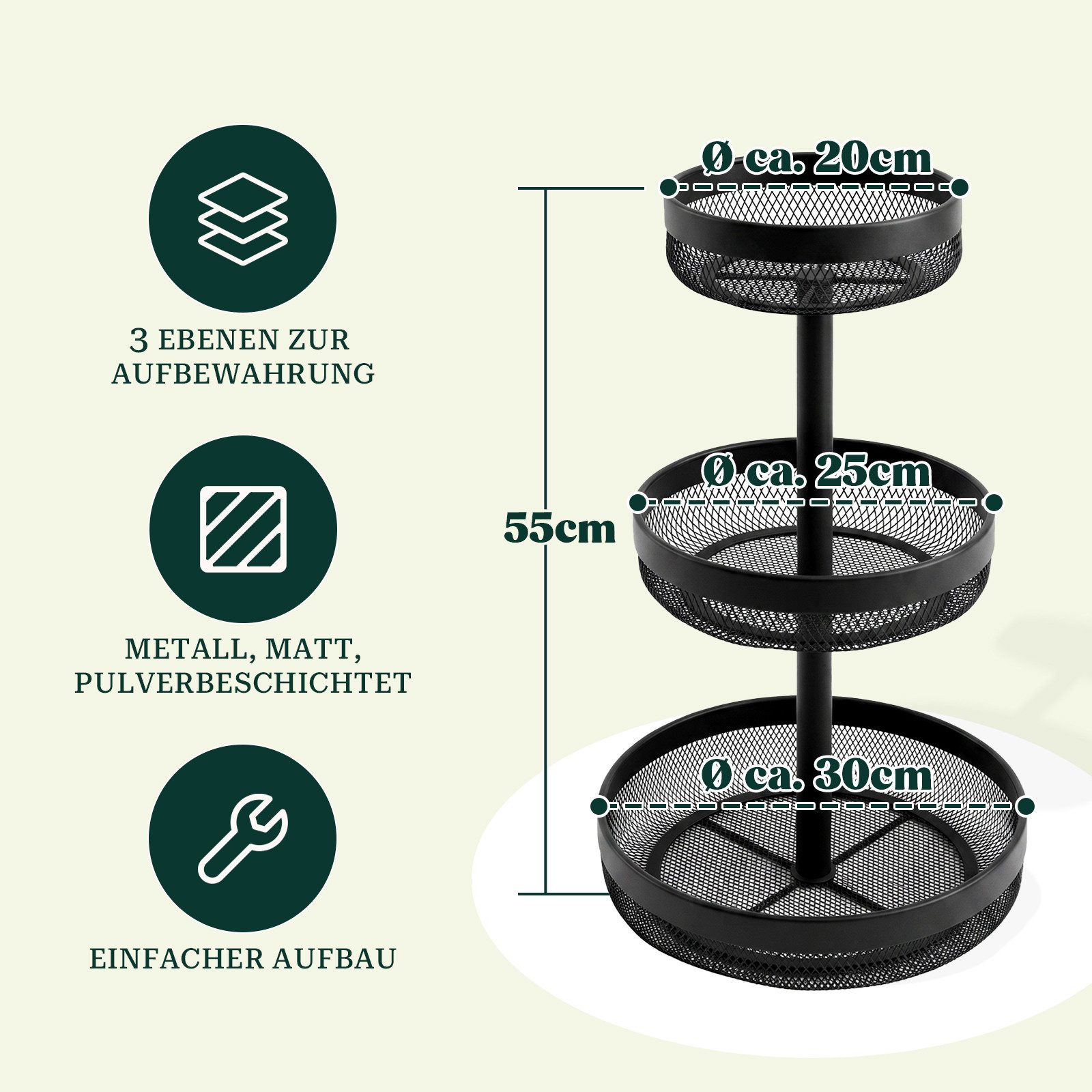JOYOLEDER Obstschale Obstschale eckig 3-stöckig, 20 cm, 25 cm und 30 cm, Metall, (für Obst, Gemüse, Brot und Snacks)
