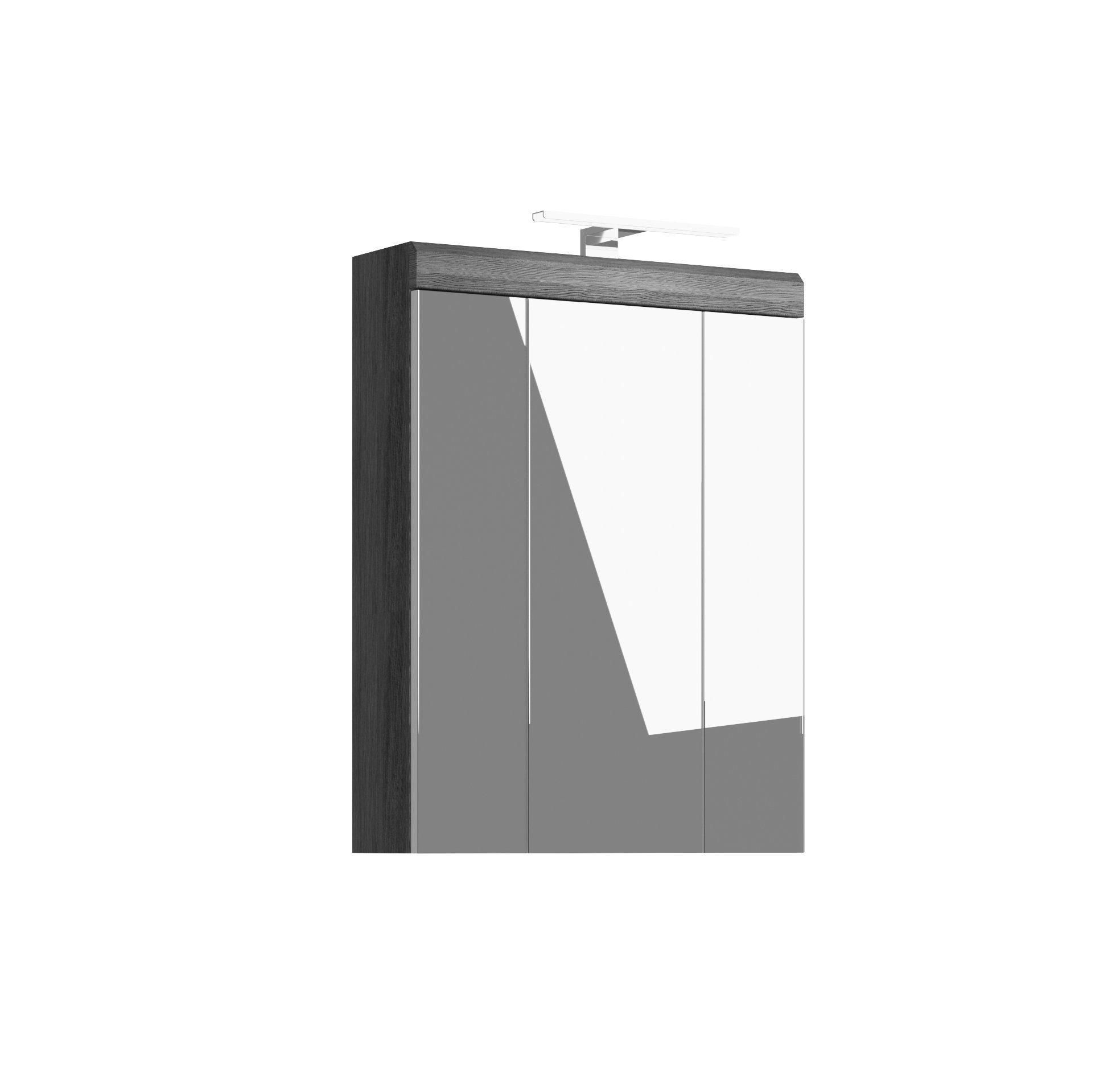 möbelando Spiegelschrank Sandusky Moderner Spiegelschrank inkl. Beleuchtung aus Spanplatte in Rauchsilber Nachbildung mit 3 Spiegeltüren und 6 Einlegeböden. Breite 60 cm, Höhe 79 cm, Tiefe 18 cm