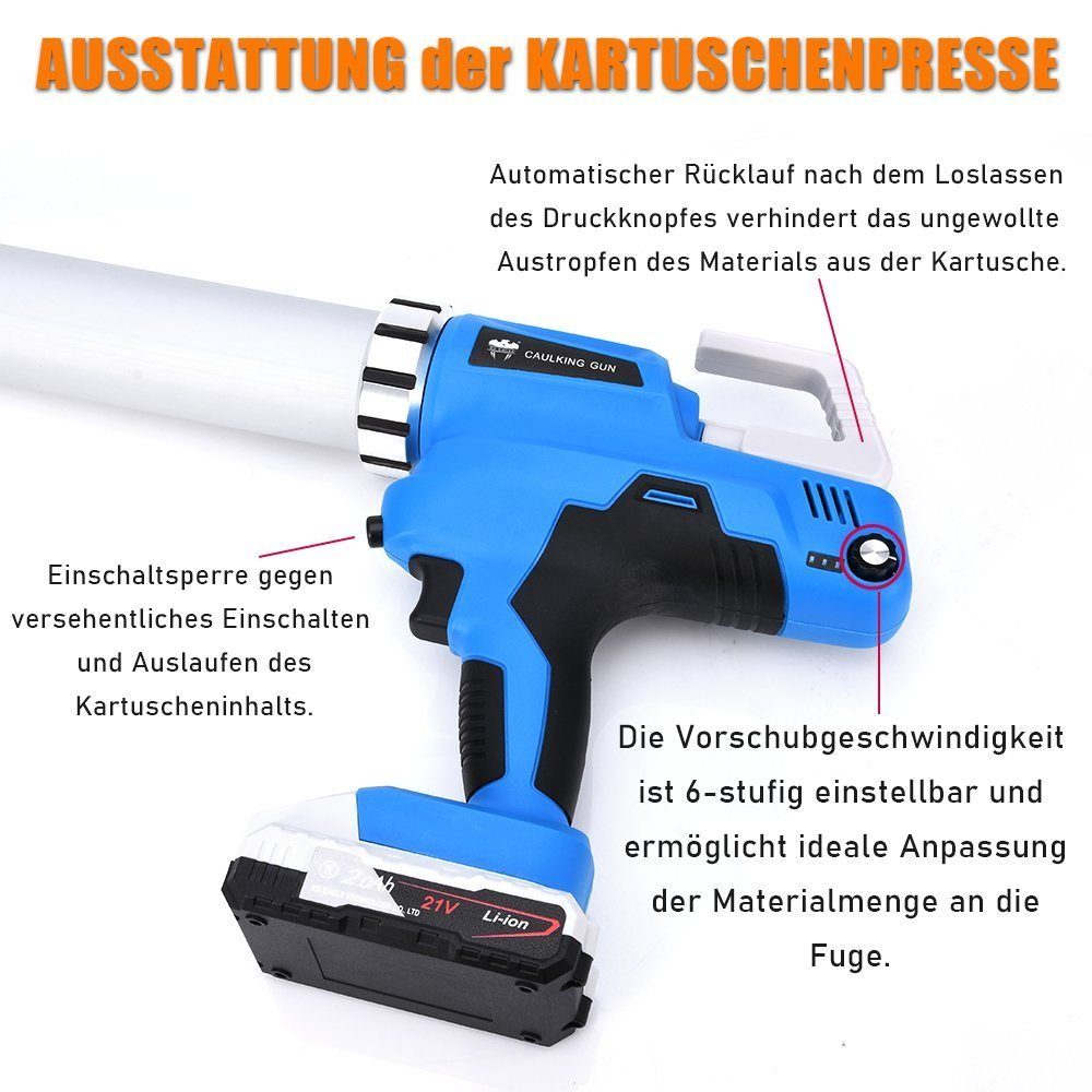 XERSEK Akku-Kartuschenpistole 21V Akku Kartuschenpresse Schlauchpresse 6500N Silikonpresse, 310ml, 2x Li-ion-Akku+1x Ladegerät Kartuschenpistole