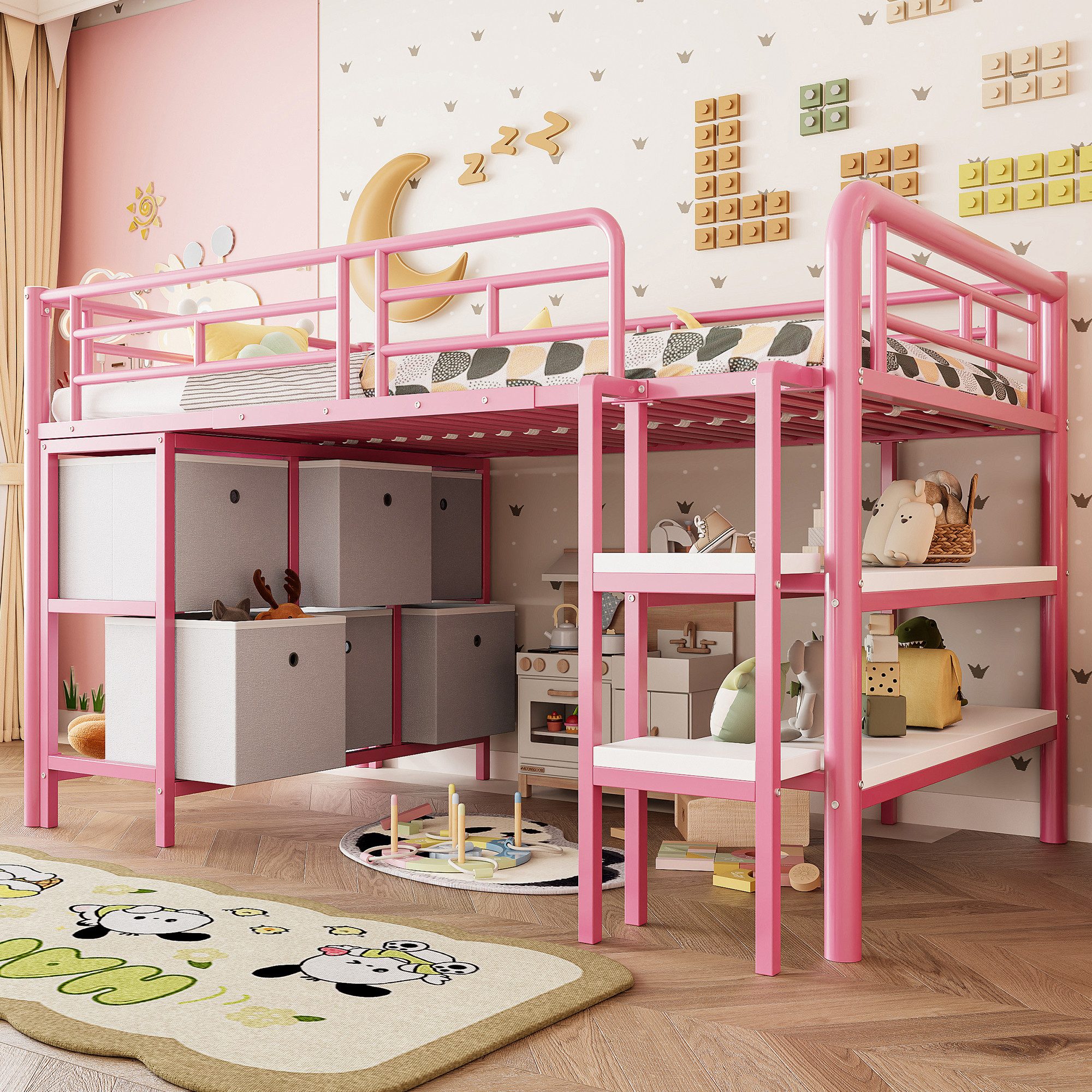 Flieks Hochbett Kinderbett Metallbett 90x200cm mit breiter Treppe, Schubladen, Regalen