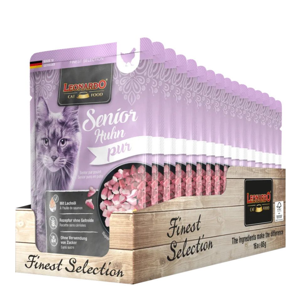 Leonardo Catfood Senior Huhn Pur - getreidefreies Nassfutter für ältere Katzen 16x85g, Nassfutter für: Katzen