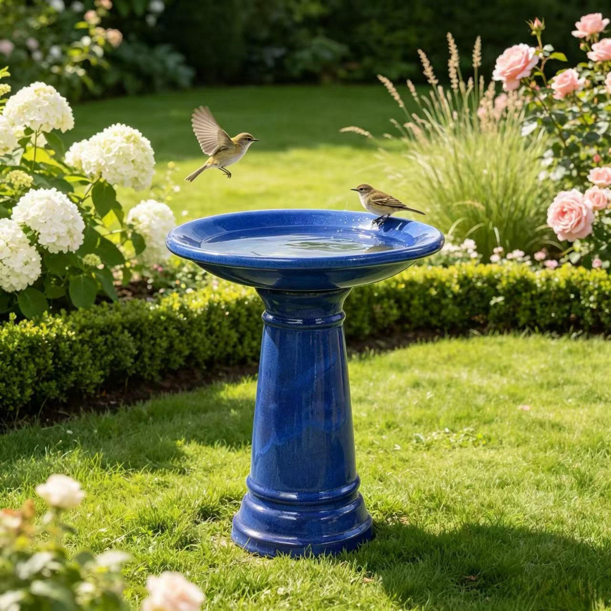 Blossom Vogeltränke Keramik Vogelbad Garten, handgefertigte Vogelfuttersäule Ø 31,5 cm, frostsicheres Vogelbecken mit Standfuß, für Terrasse Balkon