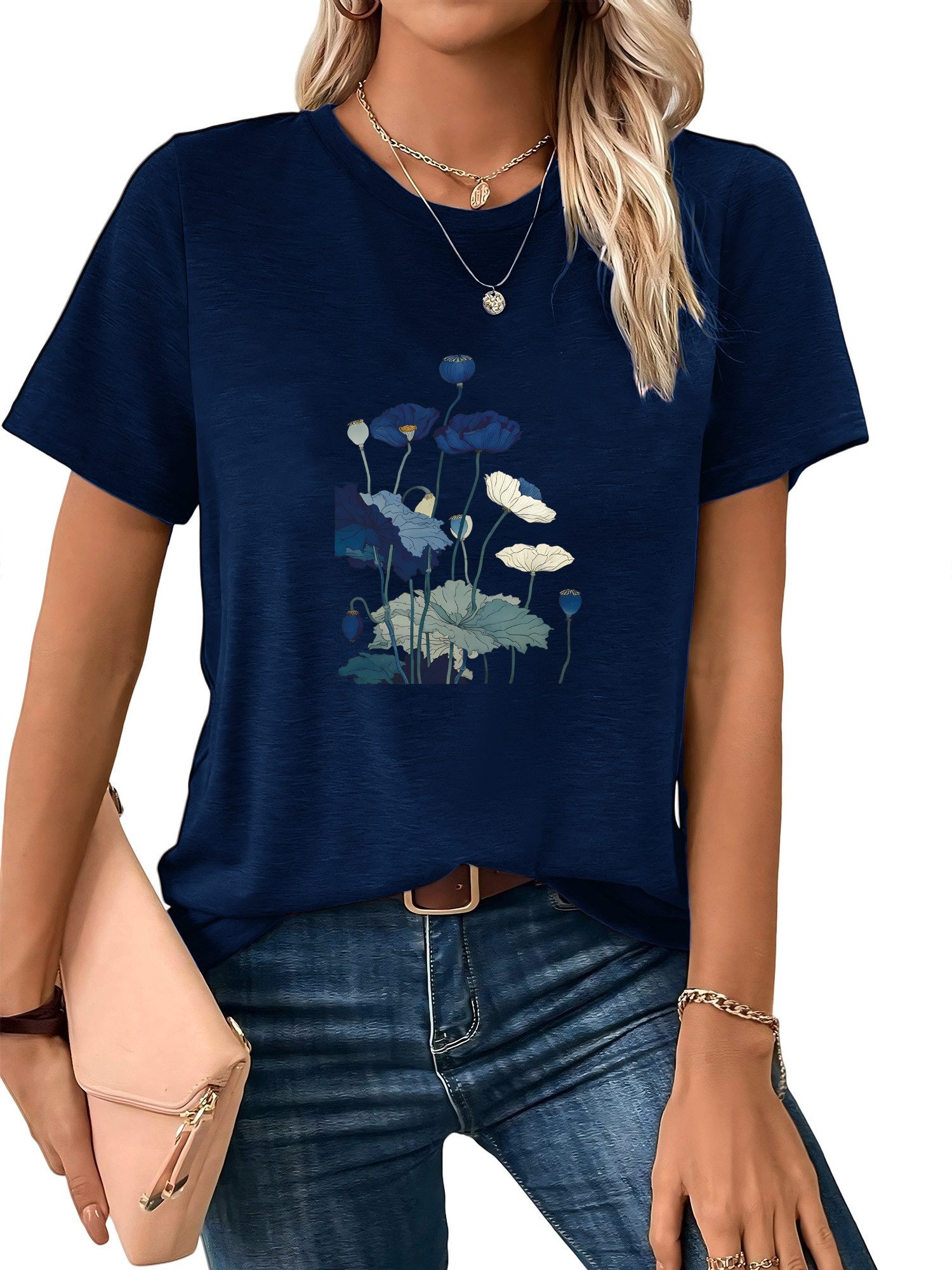 PYLIKE Print-Shirt Shirts Damen Elegant Lotusblatt Druck bequemes t shirt Bequem für Freizeit und Büro,Strandurlaub