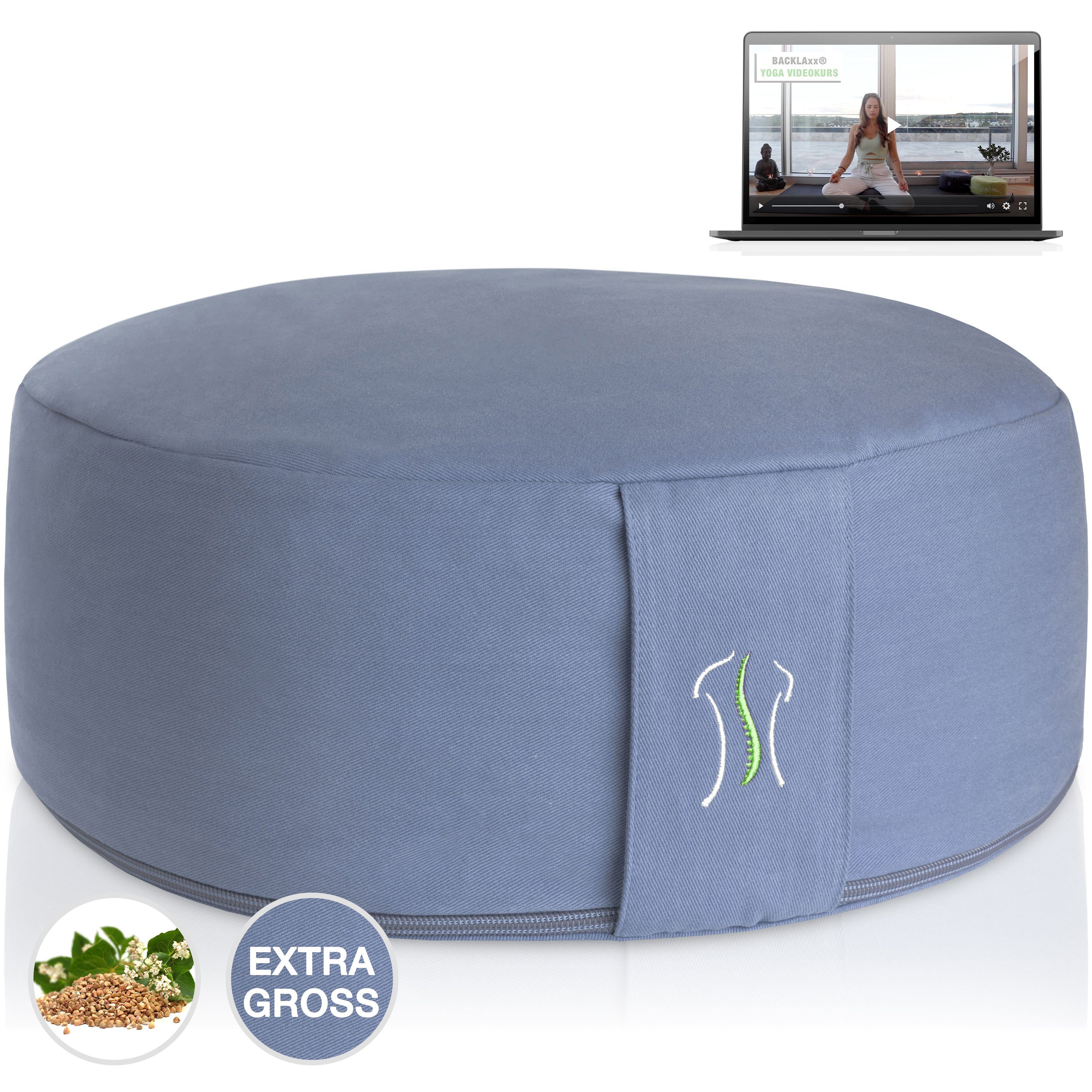 BACKLAxx® Meditationskissen rund 35 cm XL – Yoga Kissen mit formstabiler Buchweizenfüllung, für Meditation & Entspannung – Sitzkissen