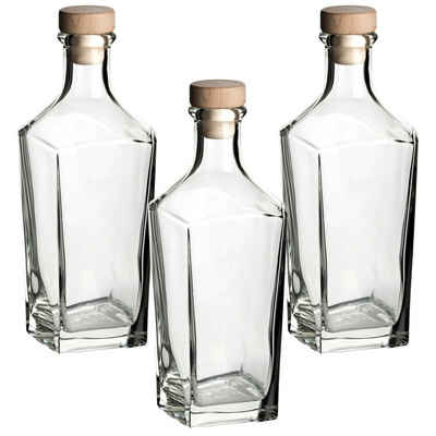 gouveo Dekanter 750 ml Ina mit Holzgriff-Korken - Design-Flasche 0,75 l aus Glas, (3-tlg), Schönes Design, Markante Flaschenform, Whisky-Flasche