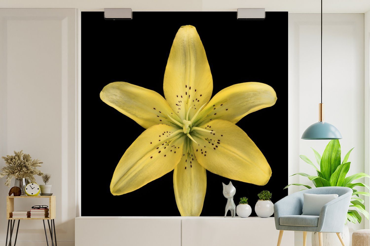 oder für Eine Wohnzimmer (5 gelbe Matt, bedruckt, Tapete Schlafzimmer, Vinyl auf St), Wandtapete Fototapete MuchoWow Lilienblüte Hintergrund, schwarzem