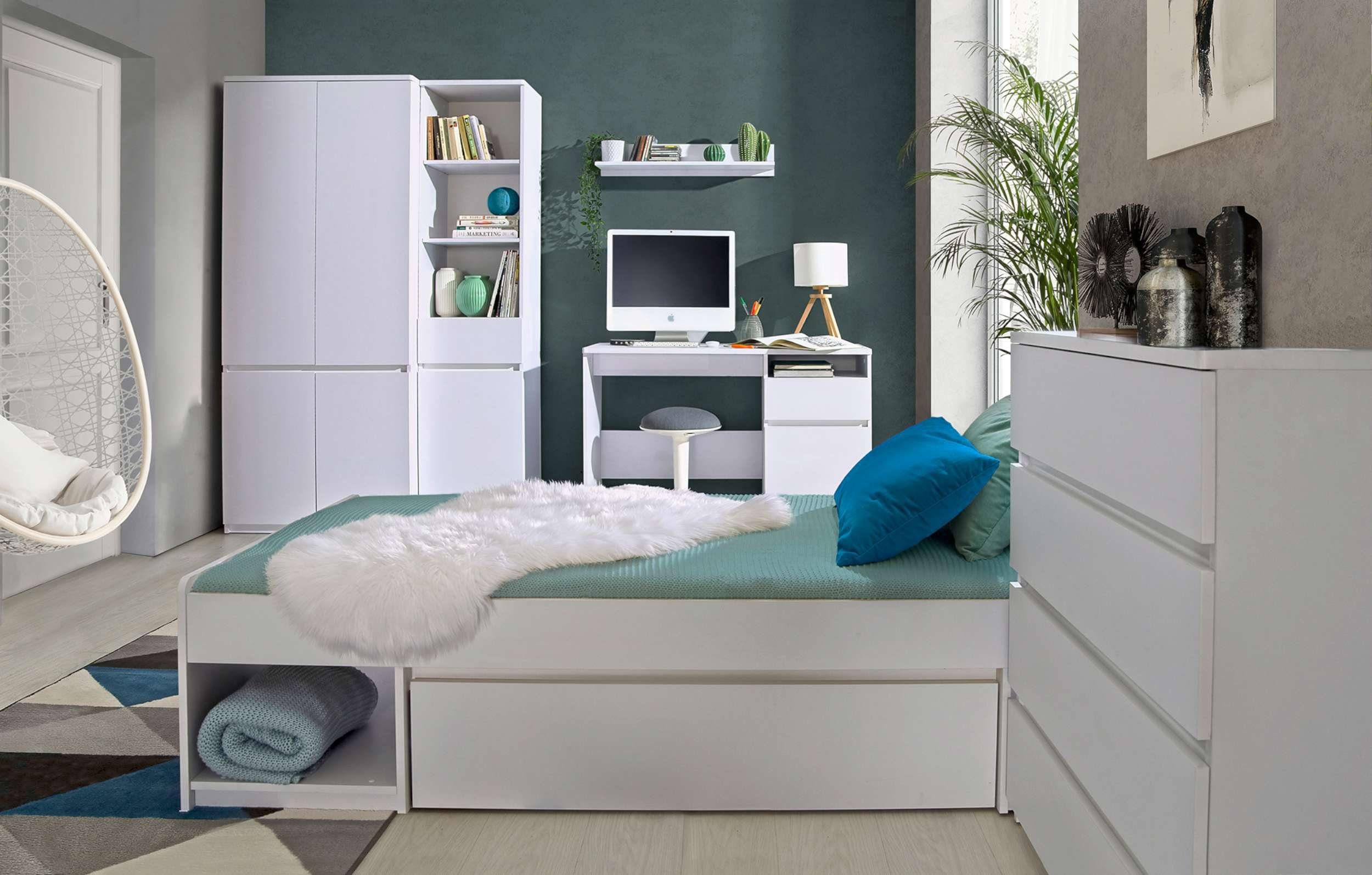 Modern und cm, Fächern, 90x200 Weiß Design, Jugend mit Arcola 2 Schublade für Bett), Jugendbett Spanplatte, Stylefy (Schlafzimmerbett,