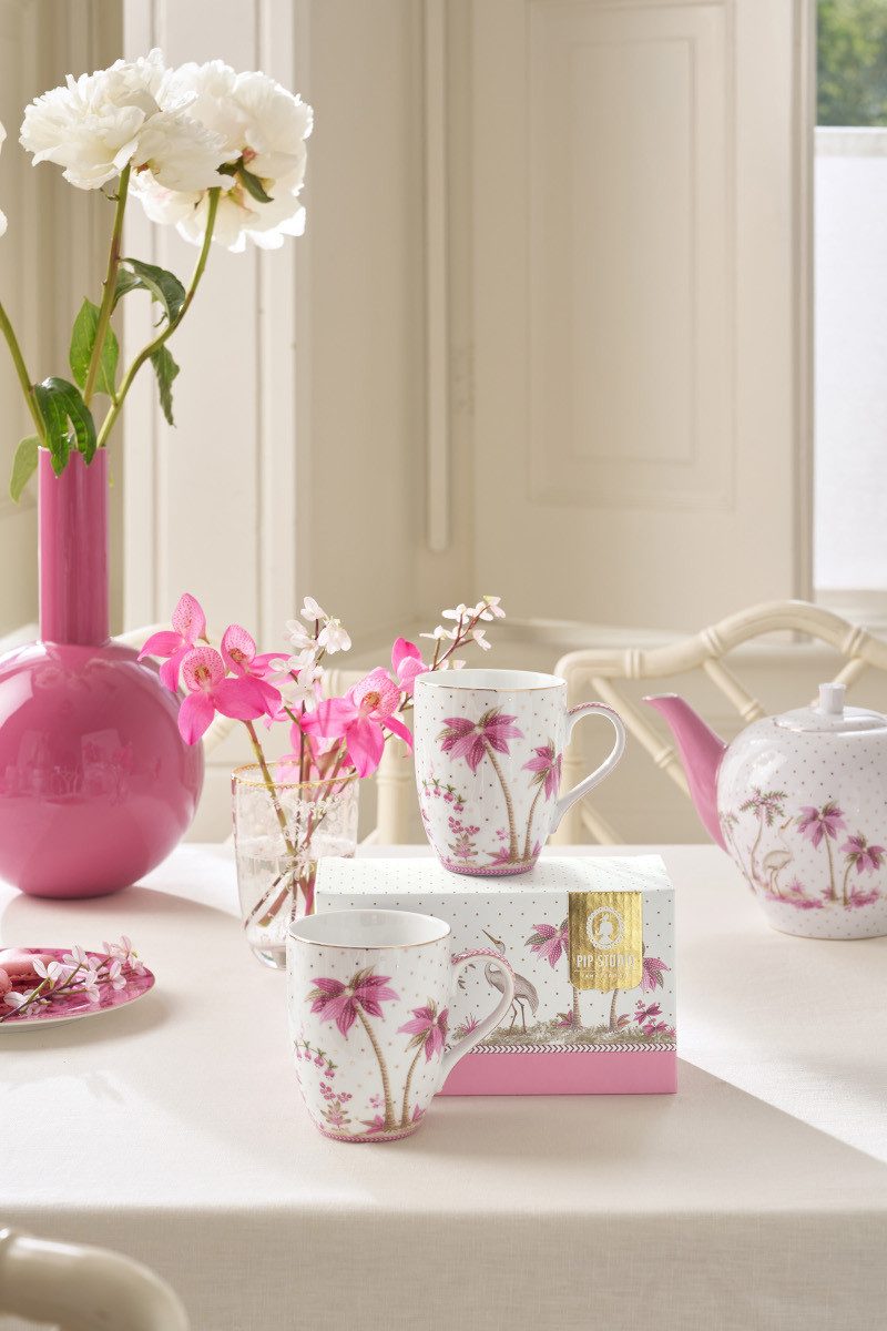 PiP Studio Becher Jolie Dots Gold Pink Becher Large 350ml Set2, Porzellan