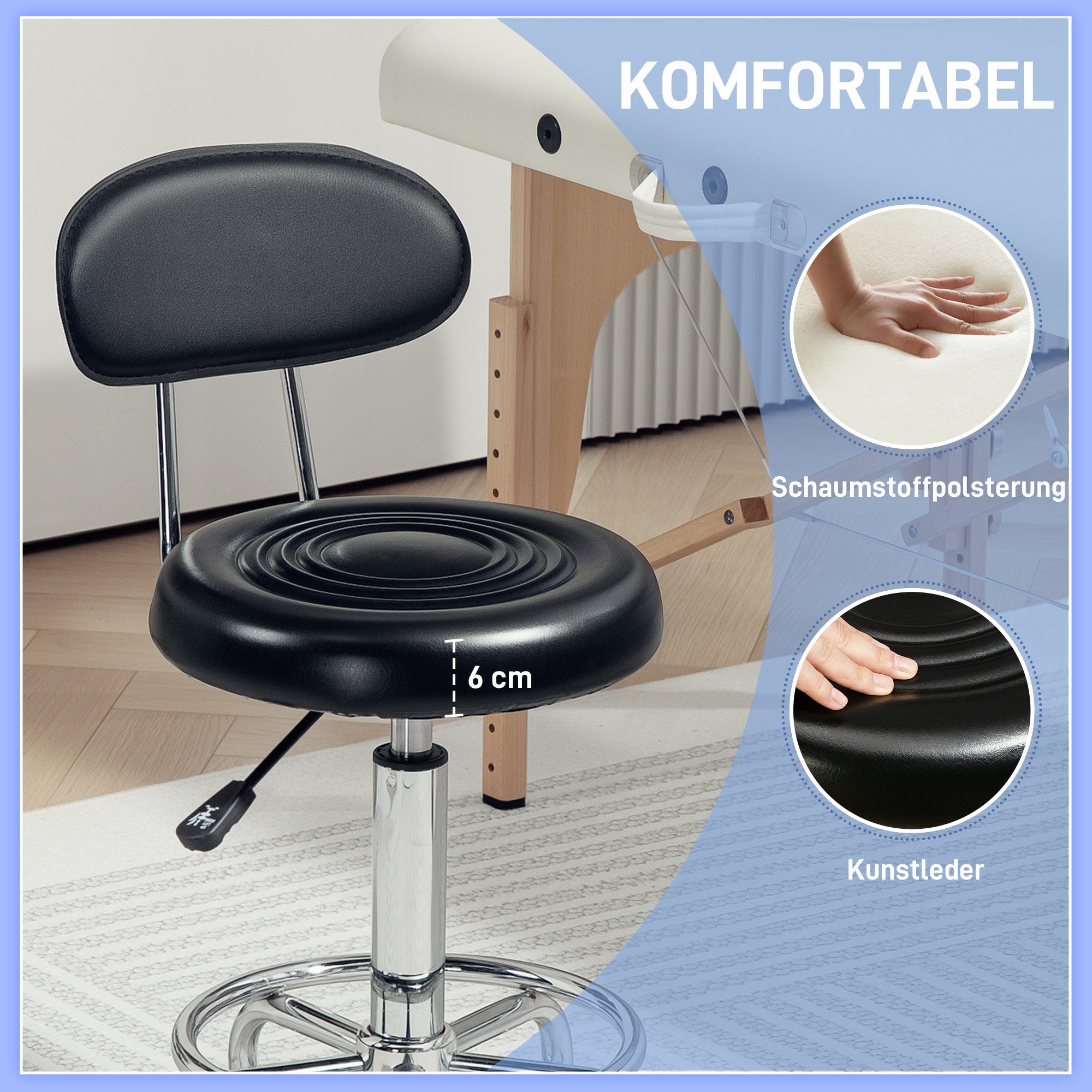 HOMCOM Drehhocker Rollhocker höhenverstellbar Drehbar Salon Hocker mit Lehne (Arbeitshocker, 1 St., Bürohocker), für Büro, Schwarz – Bild 4 von 5