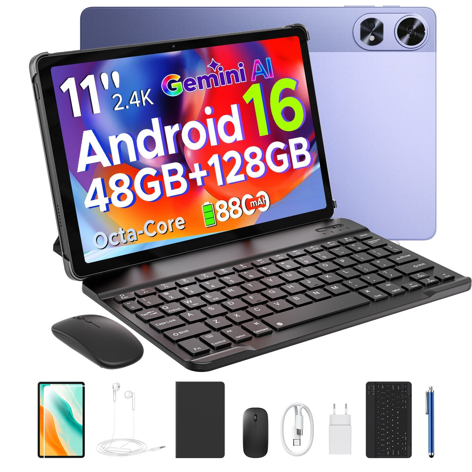 POCKAM P11 Android 16 Tablet mit Tastatur, Stift, Maus, 11 Zoll, 8800mAh Tablet (11", 8 GB, Android 16, Gemini AI, 13 MP, 5G WiFi/Widevine L1/GPS/Face ID/zwei Lautsprecher)