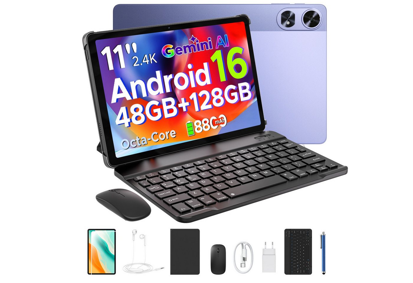 Aorlym P11 Android 16 Tablet mit Tastatur, Stift, Maus, 11 Zoll, 8800mAh Tablet (11", 8 GB, Android 16, Gemini AI, 13 MP, 5G WiFi/Widevine L1/GPS/Face ID/zwei Lautsprecher)