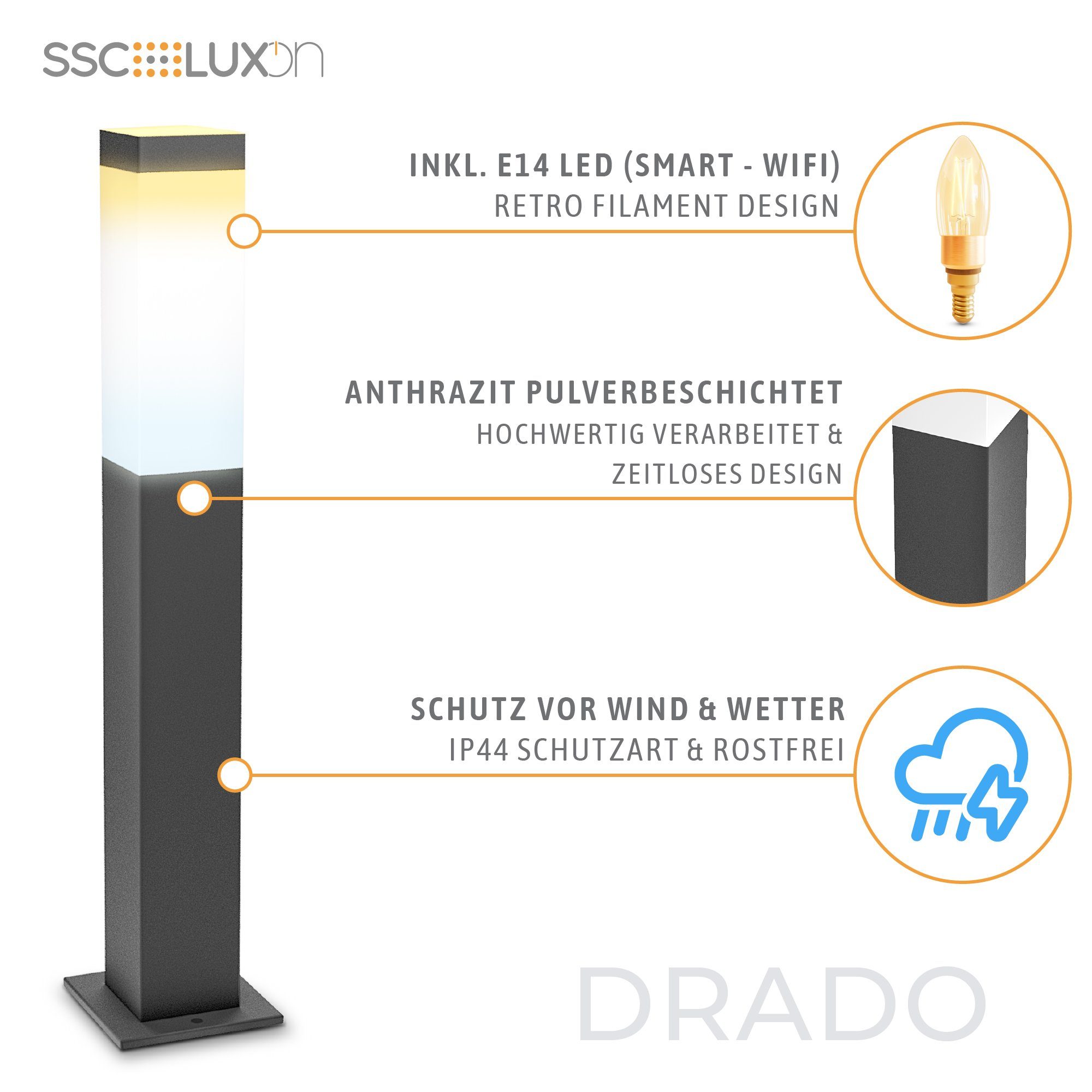 SSC-LUXon LED Gartenstrahler DRADO Poller Tageslicht bis mit Warmweiß in Wegeleuchte anthrazit Smarte IP44 Filament, WLAN