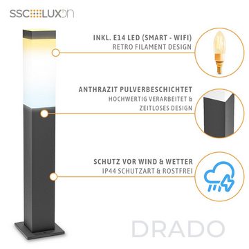 SSC-LUXon LED Gartenstrahler DRADO Poller Wegeleuchte in anthrazit IP44 mit Smarte WLAN Filament, Warmweiß bis Tageslicht