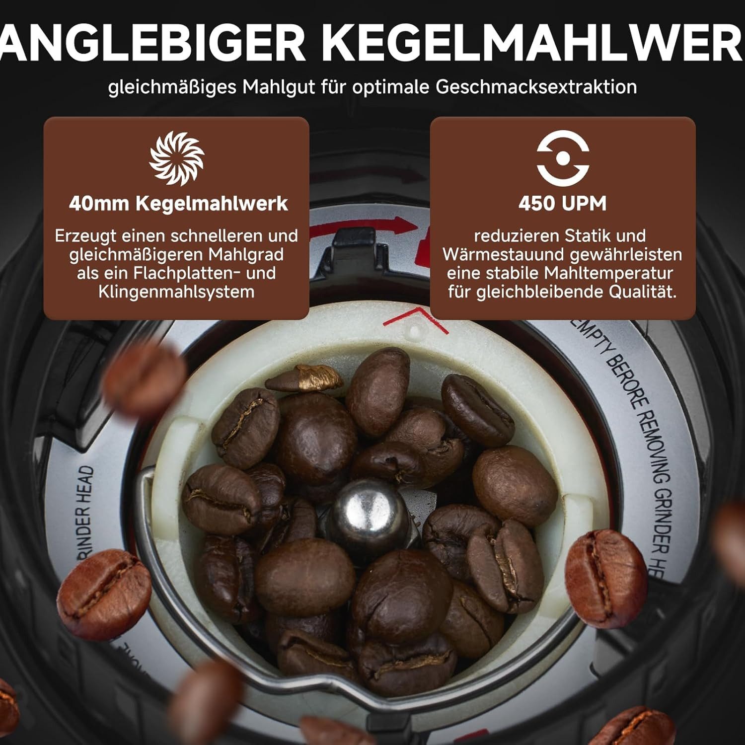 AMZCHEF Kaffeemühle CG20OT9-SV, 160 W, 300 g Bohnenbehälter, Kaffeemühle Siebträger Elektrisch mit 24 Mahlgrad Einstellbar