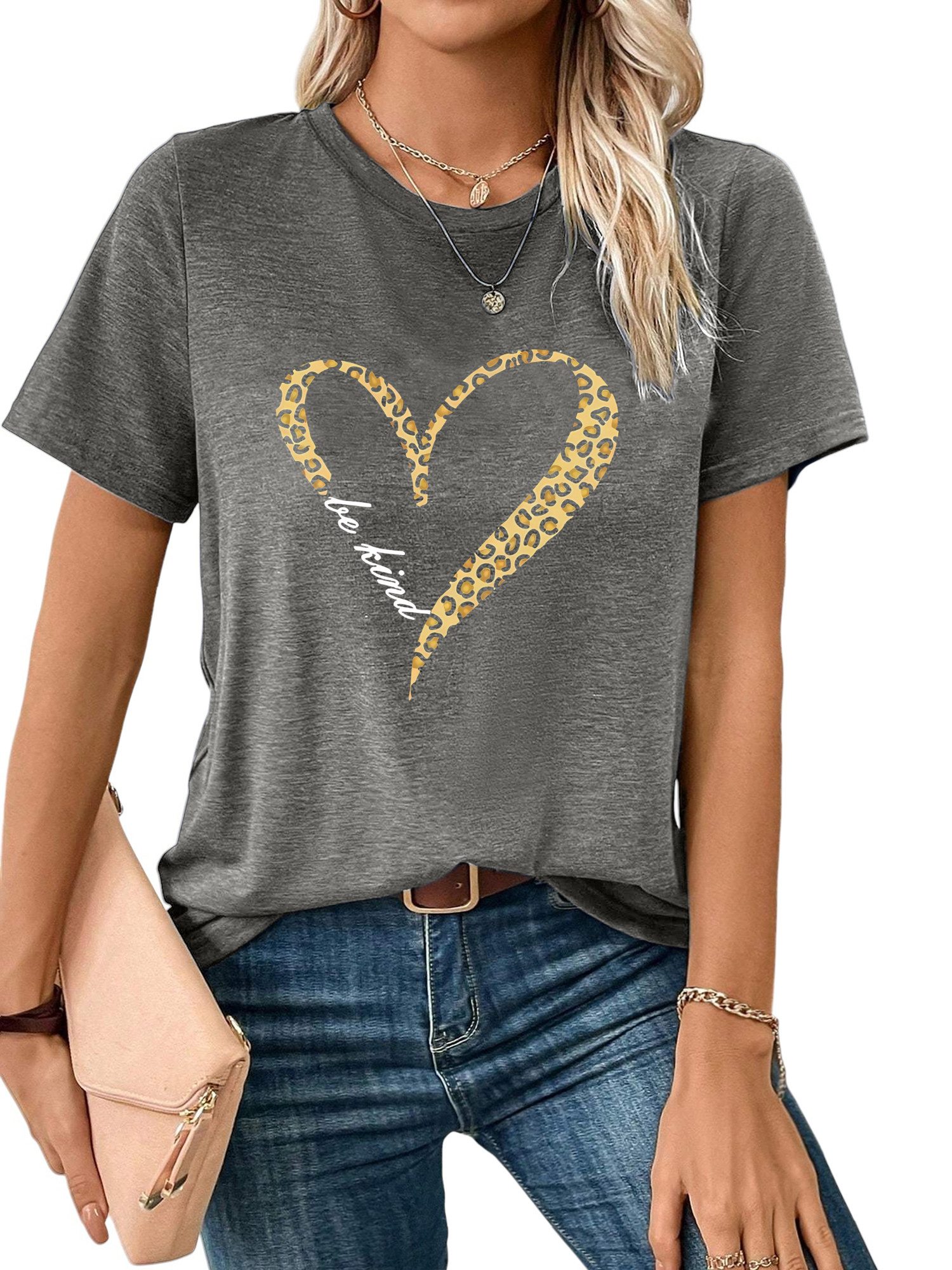 PYLIKE Kurzarmshirt Damen bequemes t shirt mit Herz mit Leopardenmuster Druck Bequem für Freizeit und Büro,Strandurlaub