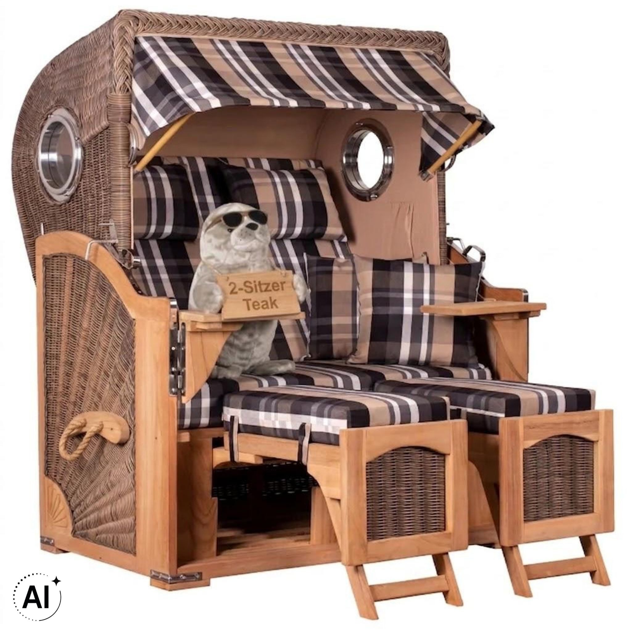 MR.DEKO Strandkorb Düne 2-Sitzer Teak Bullauge wetterfest PE-Geflecht grey, BxTxH: 125x80x170 cm, Düne, Düne, (Fertig montierter Strandkorb für Garten, Terrasse & Balkon), Wetterfester Volllieger mit Edelstahlbeschlägen & waschbaren Polstern