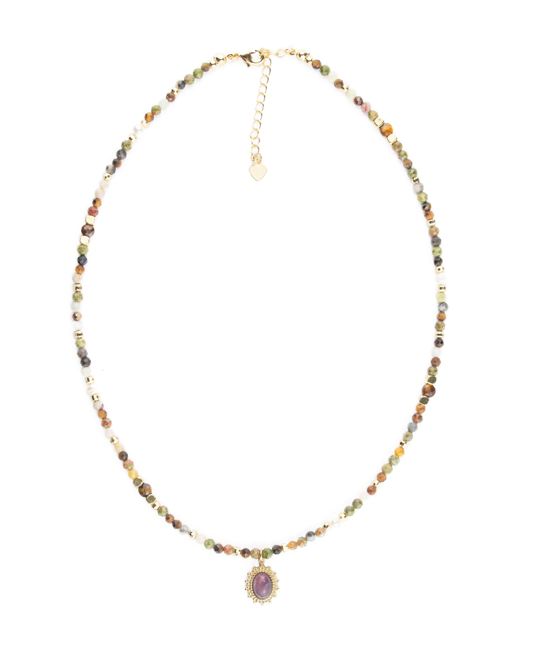 MayTree Collier Edelsteinkette mit Amethyst-Anhänger (Stück, 1-tlg), Naturstein, Indischer Achat, mit 18K vergoldeter Verschlusskette