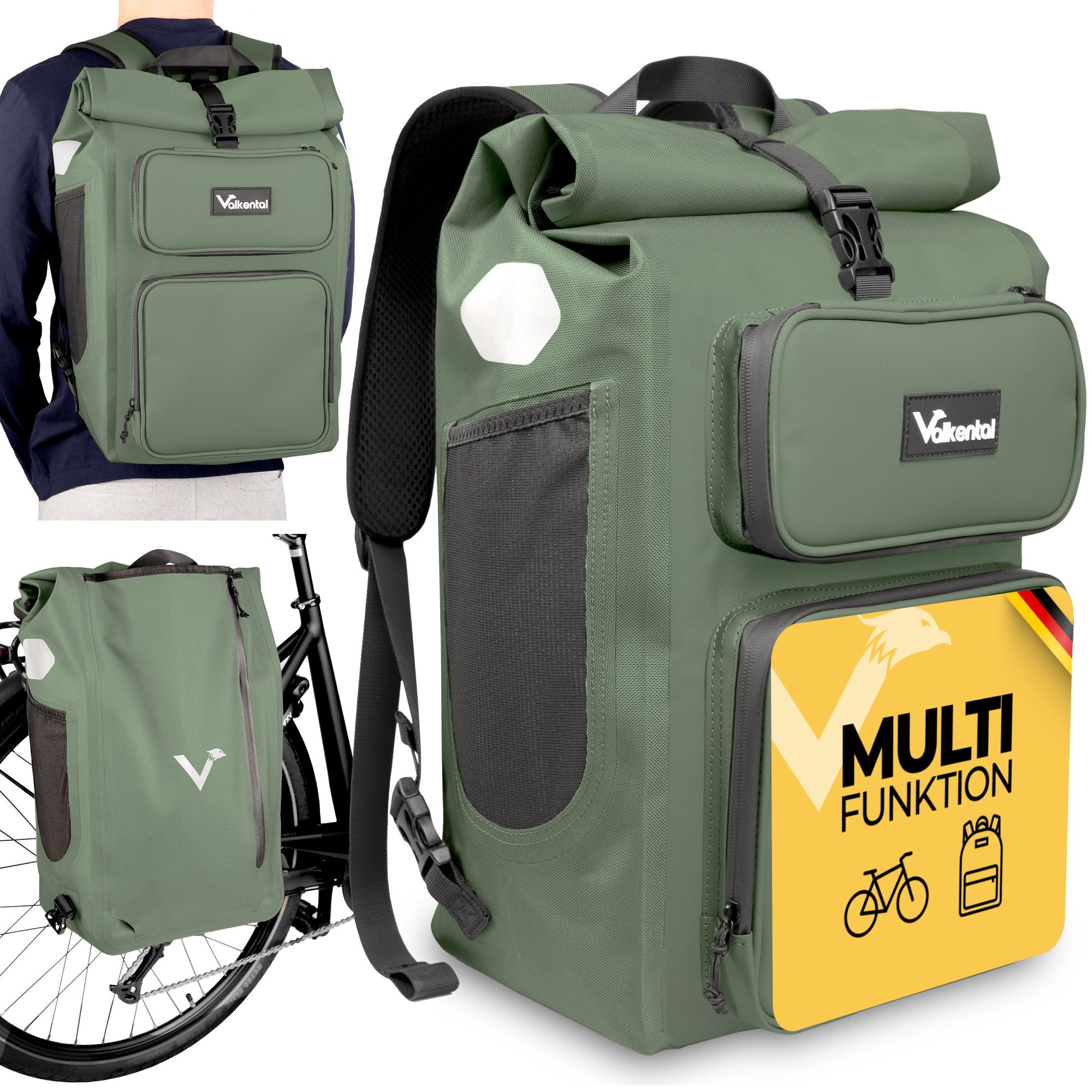 Valkental Gepäckträgertasche Gepäckträgertasche 2in1 Fahrradtasche mit Rucksackfunktion UrbanX (mit Rucksackfunktion und abschließbarer Halterung), 100 % wasserdicht & reflektierend, 28 L