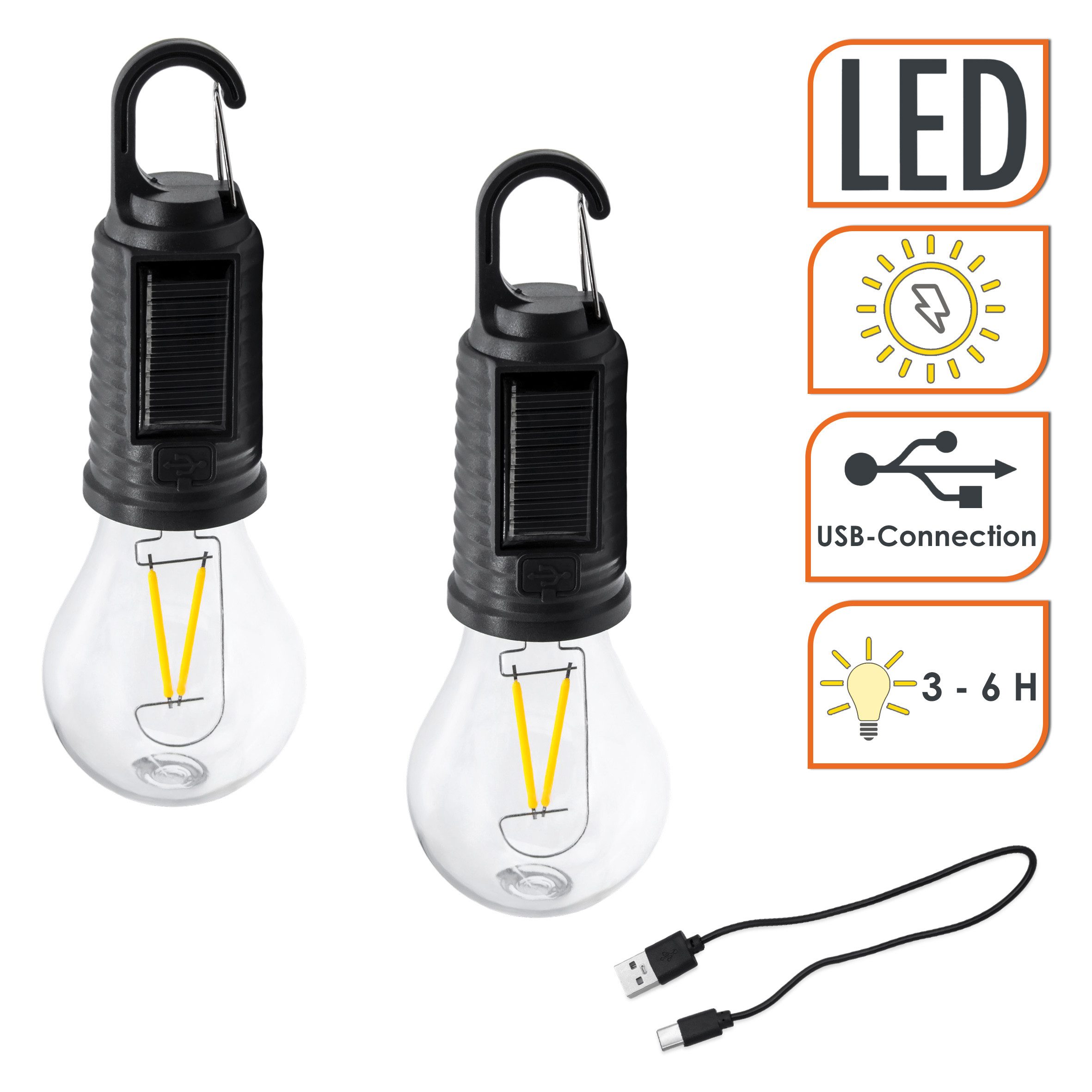 Spetebo LED Solarleuchte 2er Set Glühbirne per USB wieder aufladbar, Dimmbar, LED fest integriert, warm weiß, Garten Dekolampe zum Aufhängen, 3 Leuchtmodi