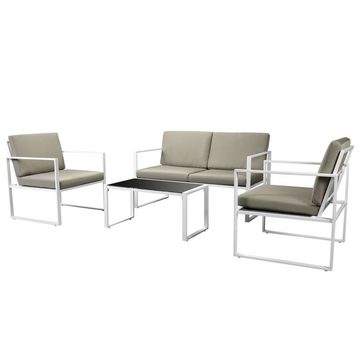 vidaXL Garten-Essgruppe 4-tlg Garten Lounge Set mit Auflagen Stahl Weiß Sitzgruppe Set Loungem