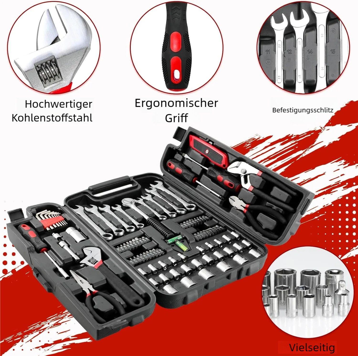 TLGREEN Werkzeugset 95-tlg Werkzeugkoffer,Steckschlüsselsatz, (Werkzeugset in Stabilem Kunststoffkoffer), Werkzeugsatz für Haushalt, Auto, DIY Reparatur – Bild 4 von 5