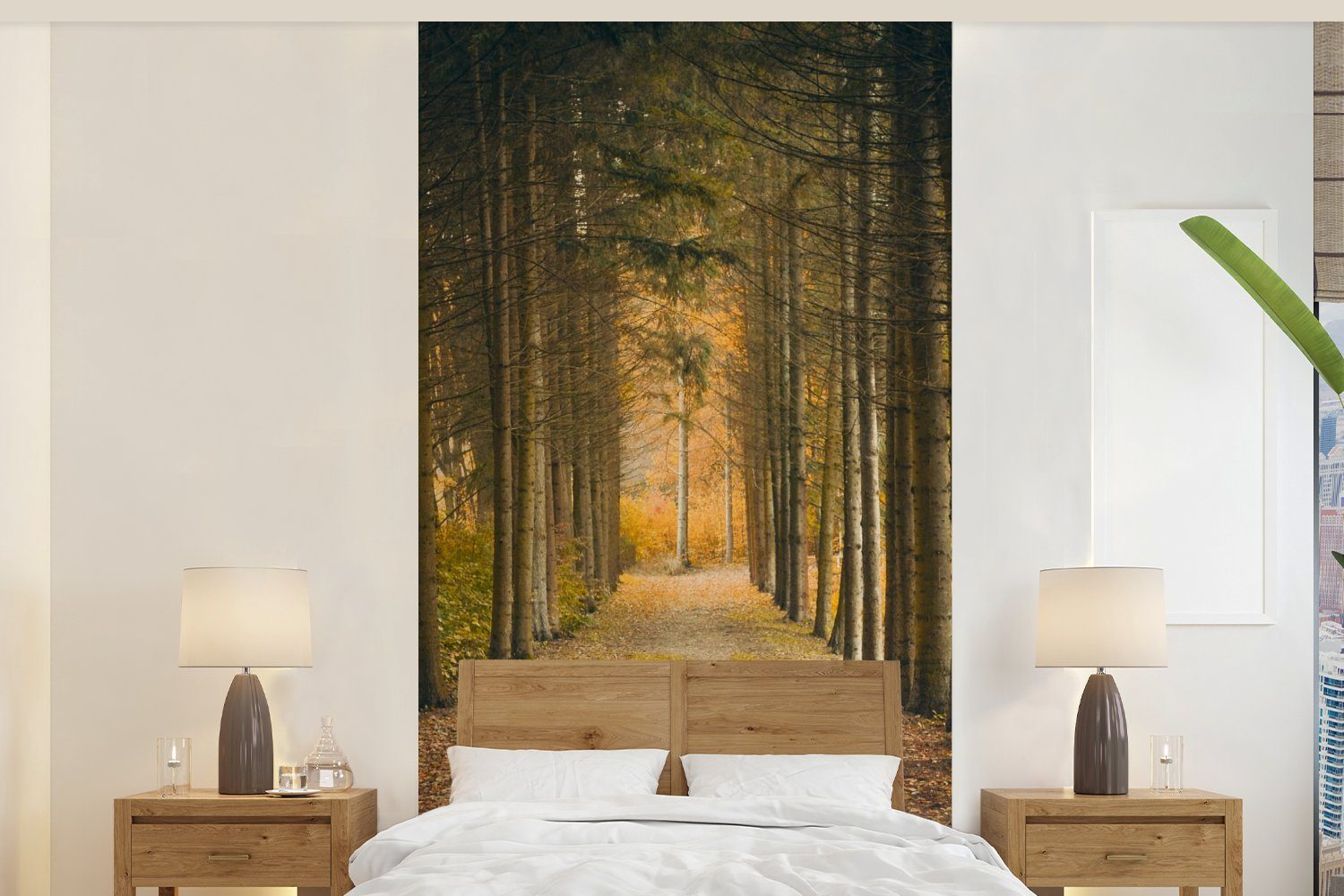 MuchoWow Fototapete Pfad - Bäume - Wald, Matt, bedruckt, (2 St), Vliestapete für Wohnzimmer Schlafzimmer Küche, Fototapete