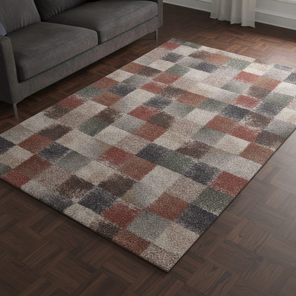 TaCa Home Teppich Hochflor Teppich Quadrat-Muster in Patchwork-Optik, rechteckig, Höhe: 27 mm, pflegeleicht
