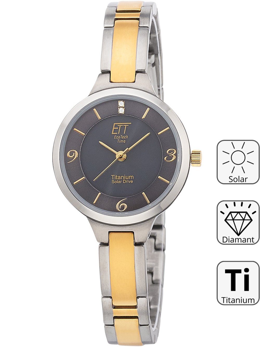 ETT Eco Tech Time Quarzuhr ETT ELS-12146-52M Diamond Lady Solar Drive Titan Damenuhr 28mm ETT ELS-12146-52M Diamond Lady Solar Drive Titan Damenuhr 28mm