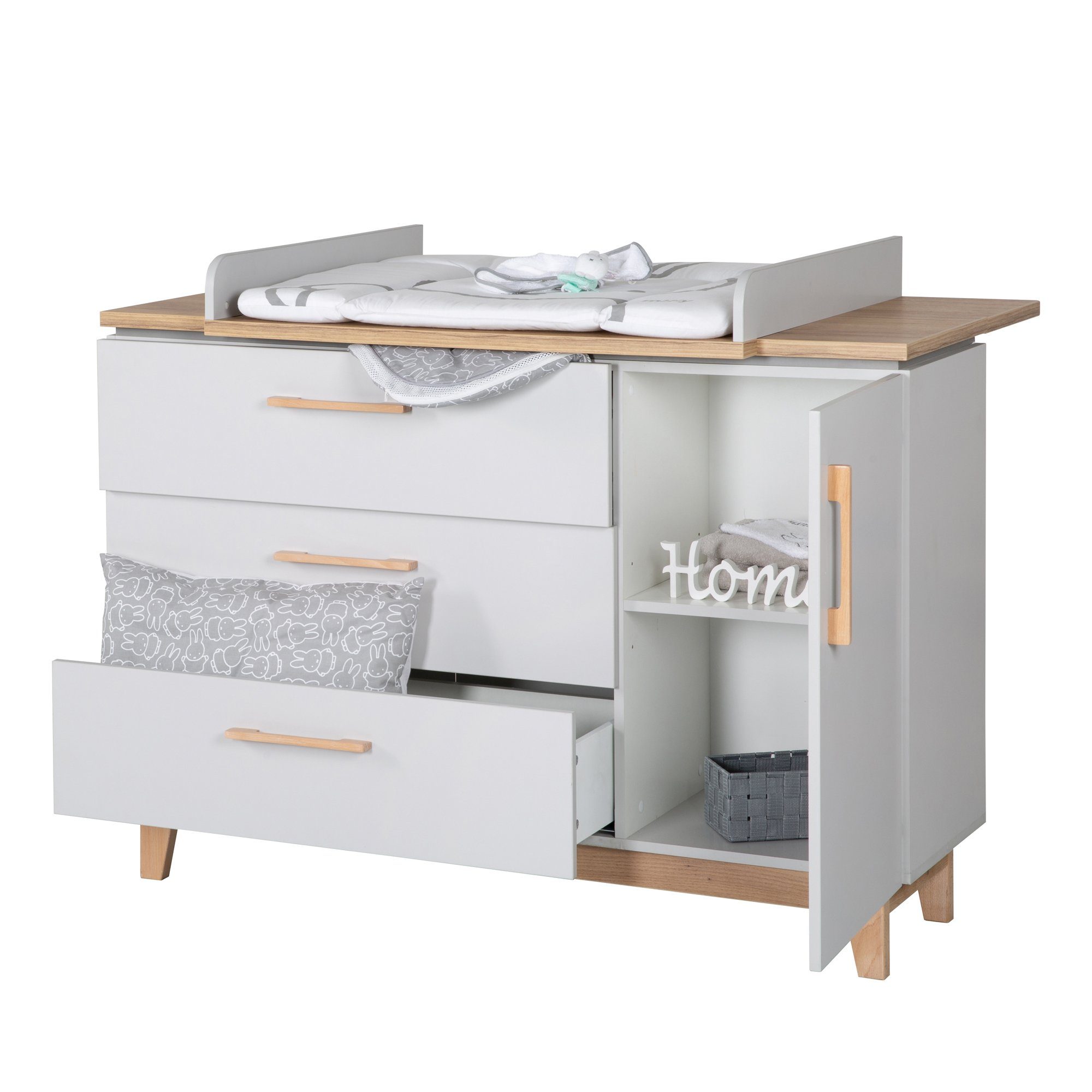 roba® Wickelkommode Caro - Grau / Holz, Wickeltisch mit Aufsatz - Tür & 3 Schubladen
