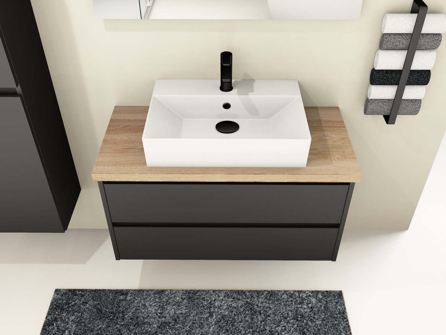 Aqua Bagno Badmöbel-Set Waschplatz 100 cm Keramikbecken MDF Eiche Gold Soft-Close Schubladen, (vormontiert, 3-St., Badmöbelschrank lackiert, Trägerplatte, Keramikwaschbecken)