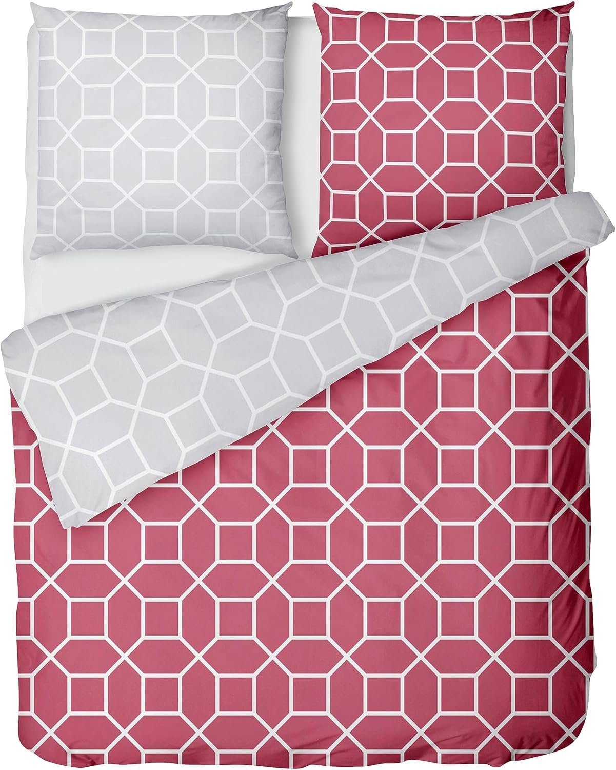 LINKHOFF Wendebettwäsche Biber Bettwäsche 135x200 / 155x220 Magenta Hexagon, Winter Bettwäsche Beere & Silber, Mit Reißverschluss