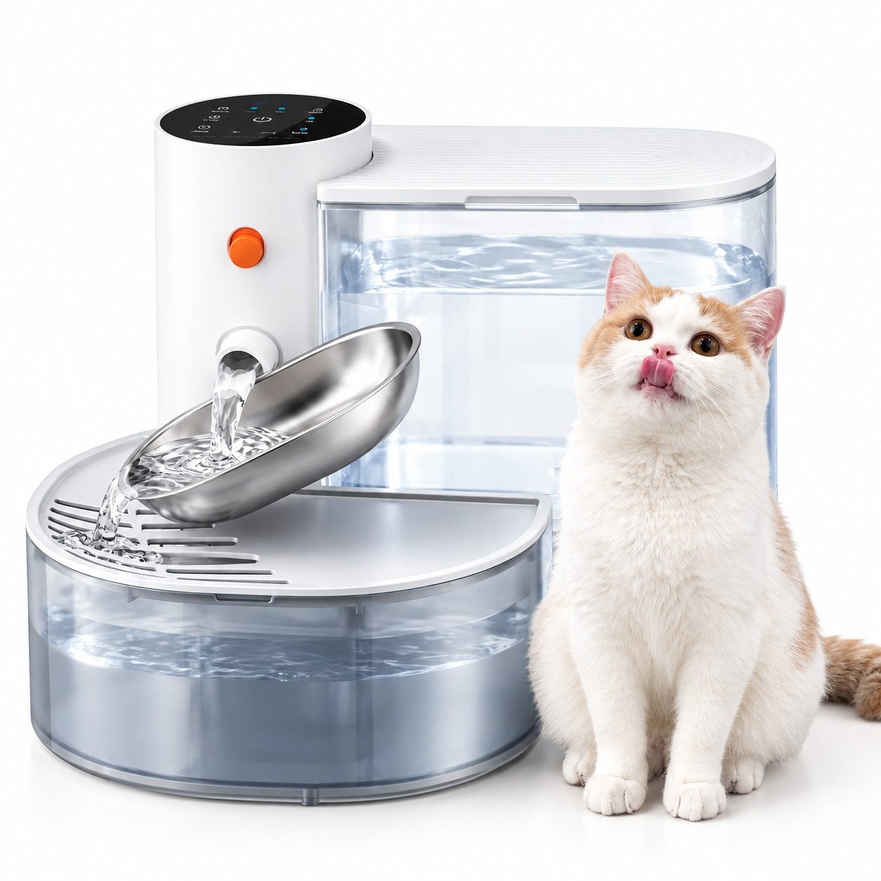 Fofile Trinkbrunnen Trinkbrunnen für Katze, kabellos, 3 l, mit automatischem Wasserwechsel, Edelstahl-Trinkschale, Frisch- und Abwasser getrennt, kabellos