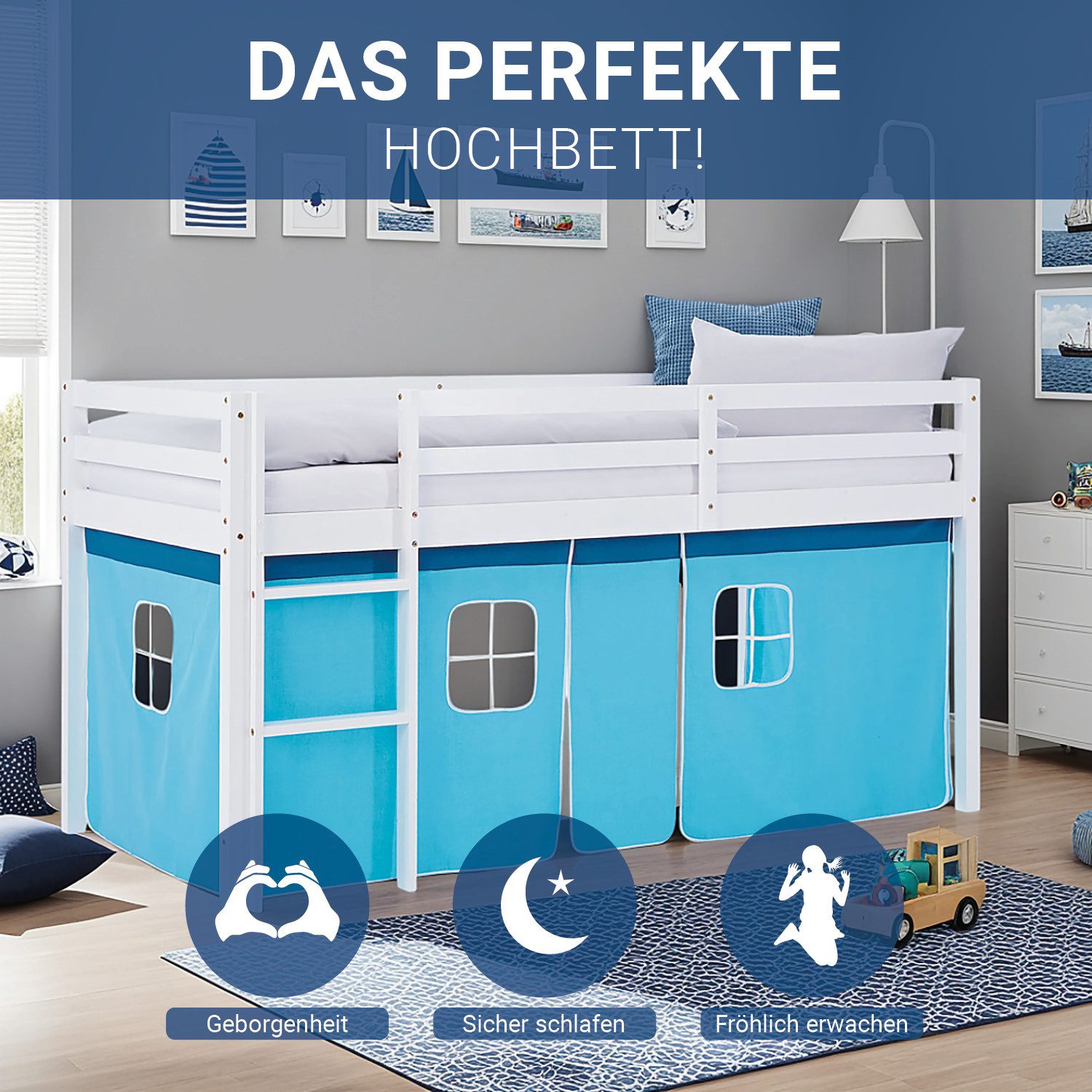 Homestyle4u Hochbett mit Rutsche 90x200 Kinderbett Jungen Kiefer Weiß Blau Treppe Vorhang mit Rausfallschutz, Blau, Junge