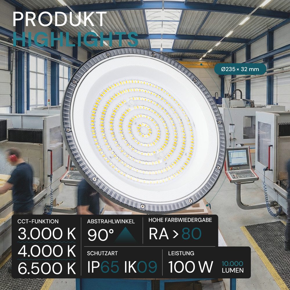 LUXULA LED Arbeitsleuchte LUXULA LED Hallenstrahler HighBay 100 W CCT einstellbar Grau, Farbwechsler