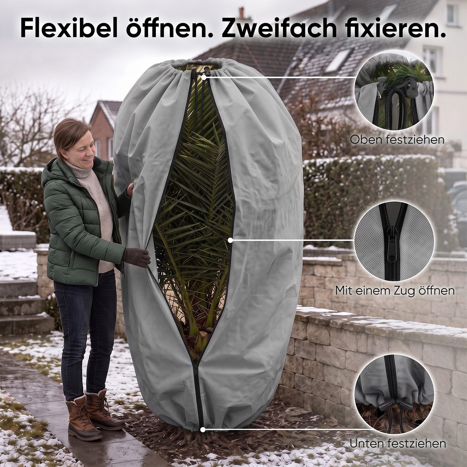 Sekey Winterschutzhaube Winterschutz für Pflanzen Frostschutz Haube mit 2 Zugbändern (2-St), Grau, 80x100cm Vlieshülle, Pflanzenabdeckung mit doppeltem Zugband – Bild 4 von 5