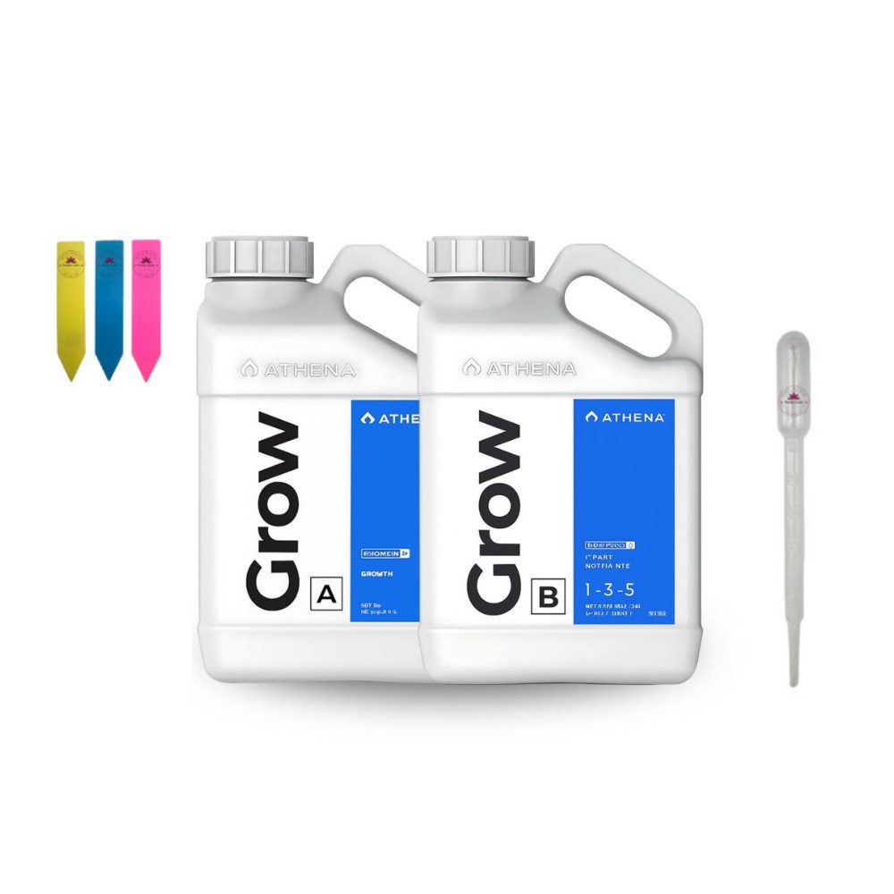 ATHENA AG Pflanzendünger Athena Grow A&B, Inkl. Dosierpipette und 3 Pflanzenschilder (Farbe zufällig), Zweikomponenten-Dünger für die Wachstumsphase
