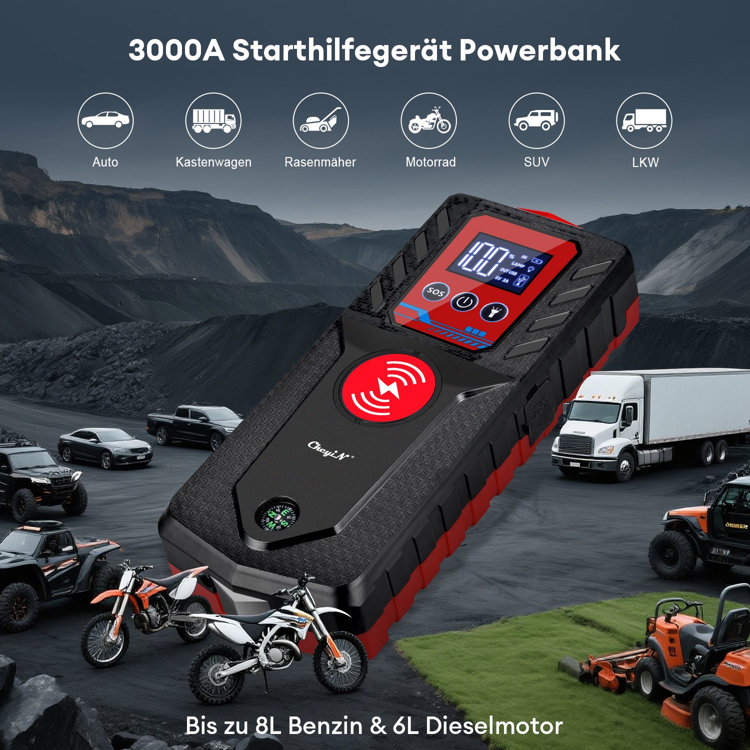 CkeyiN Auto Starthilfegerät 3000 A Starthilfegerät 12000 mAh (12 V), (bis zu 8 L Benzin/7 L Diesel) Mit LED-Licht