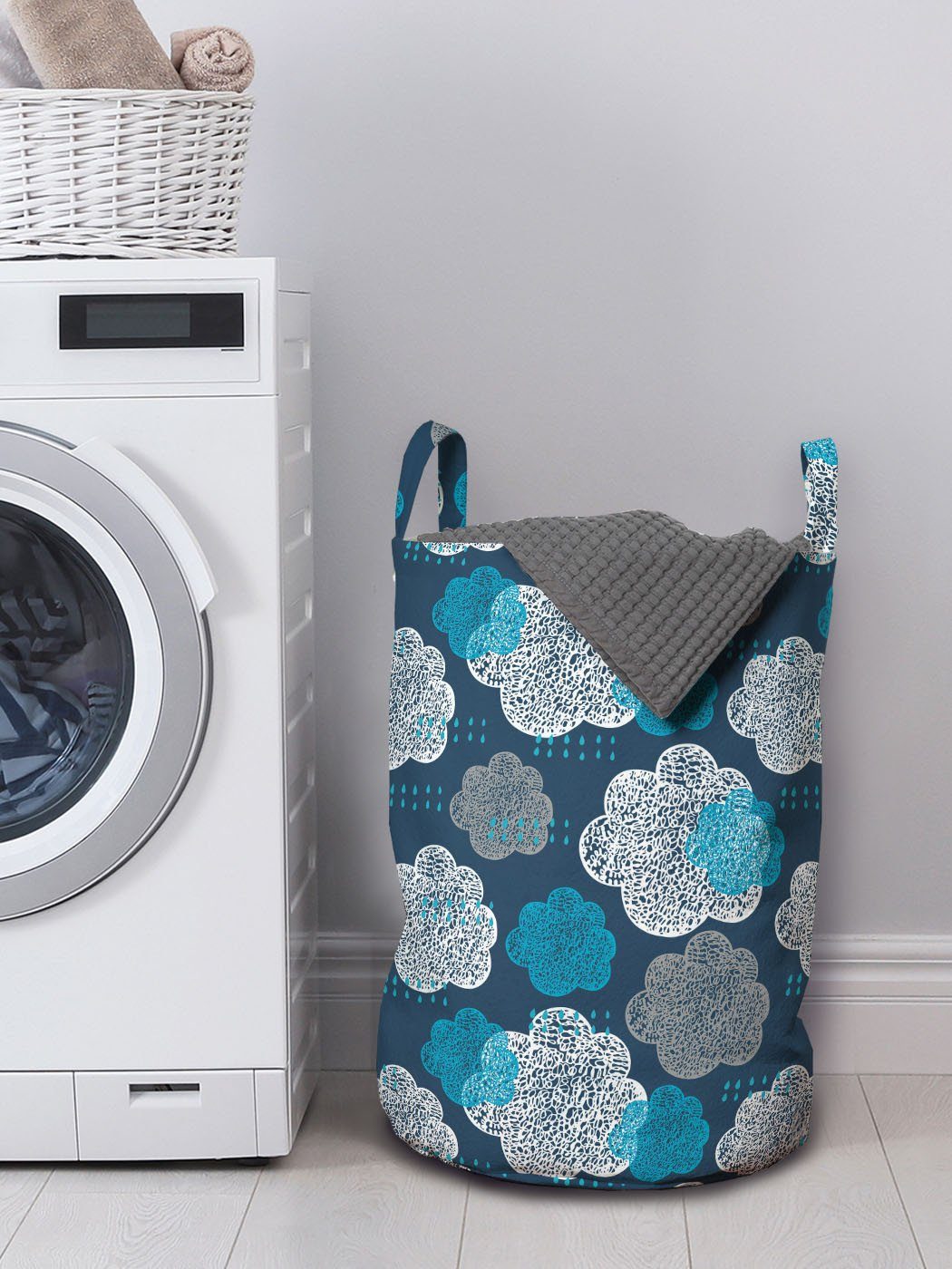 Blauer mit Abakuhaus Moderne Waschsalons, Wolken Regentropfen Himmel Griffen Kordelzugverschluss Wäschekorb für Wäschesäckchen