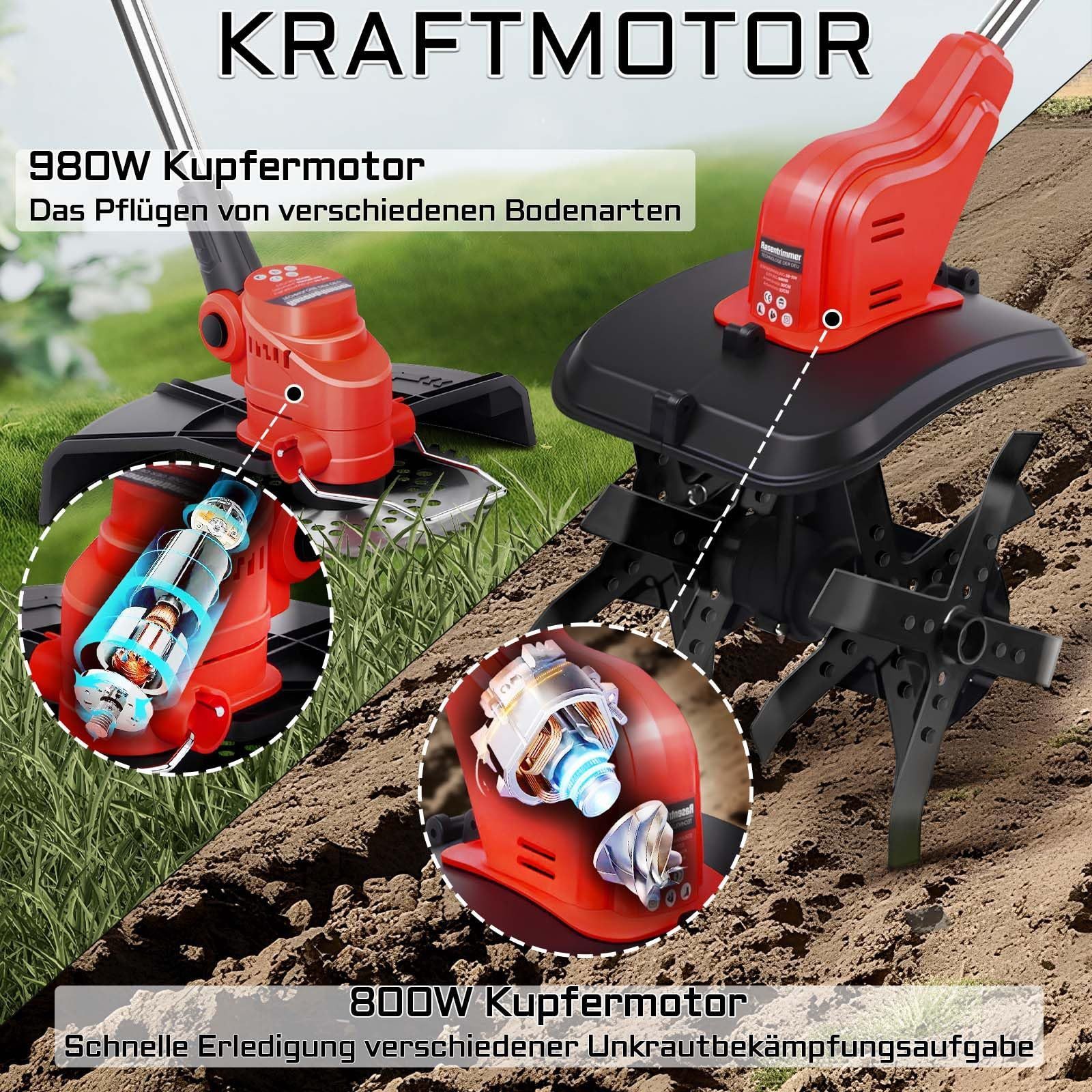 XERSEK Elektro-Rasentrimmer 2-IN-1 Li-Ion Akku Motorhacke Rasentrimmer Set Elektro Bodenhacke, 25 cm Arbeitsbreite Messer, (Kompatibel Mit Makita Akku 18V, Elektisch Gartenfräse Wohnmobil Elektisch Ackerfräse Kultivator, mit Ladegerät)