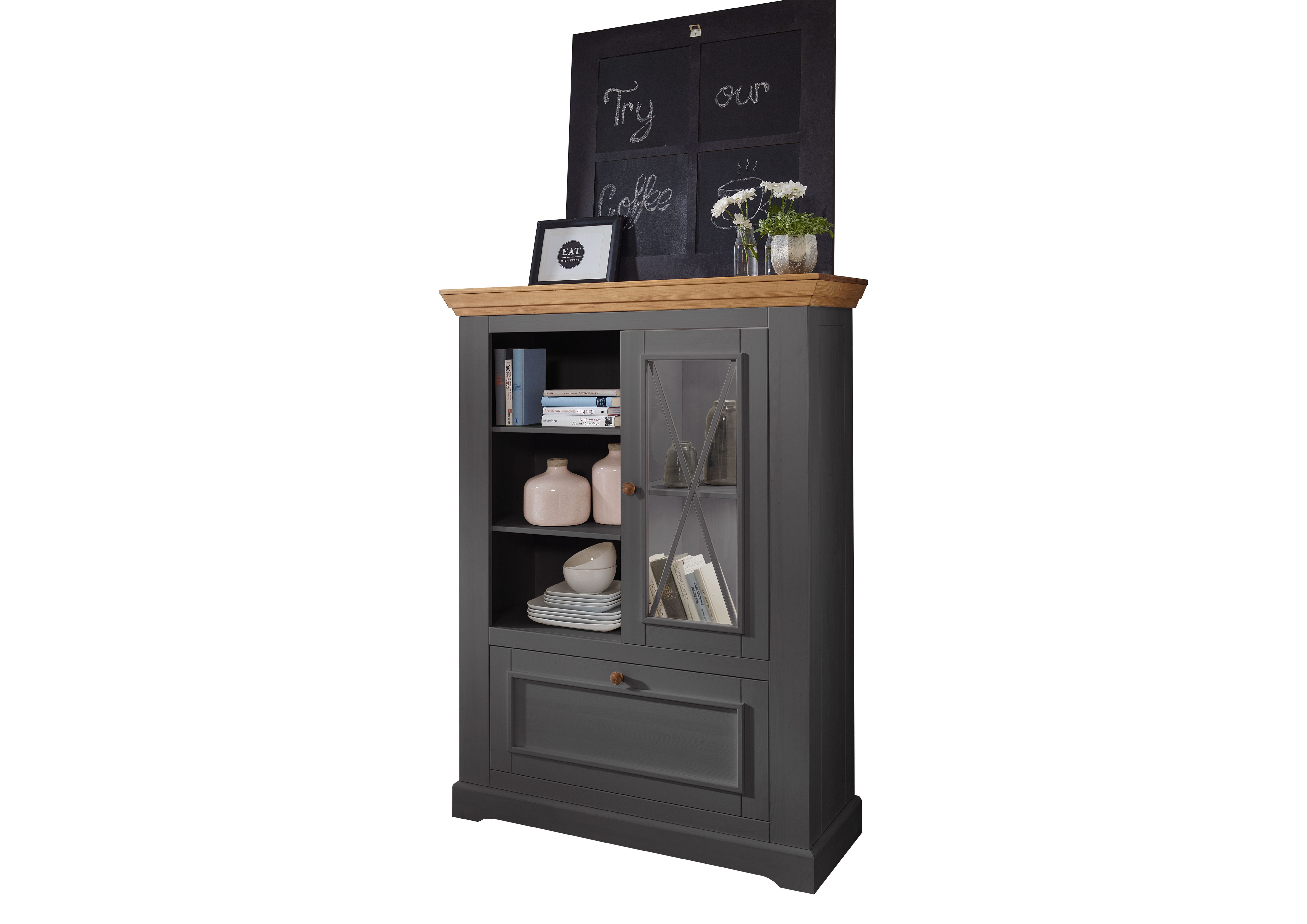 Woodroom Highboard Oslo, Kiefer grau gewachst mit Glastür und Klappe