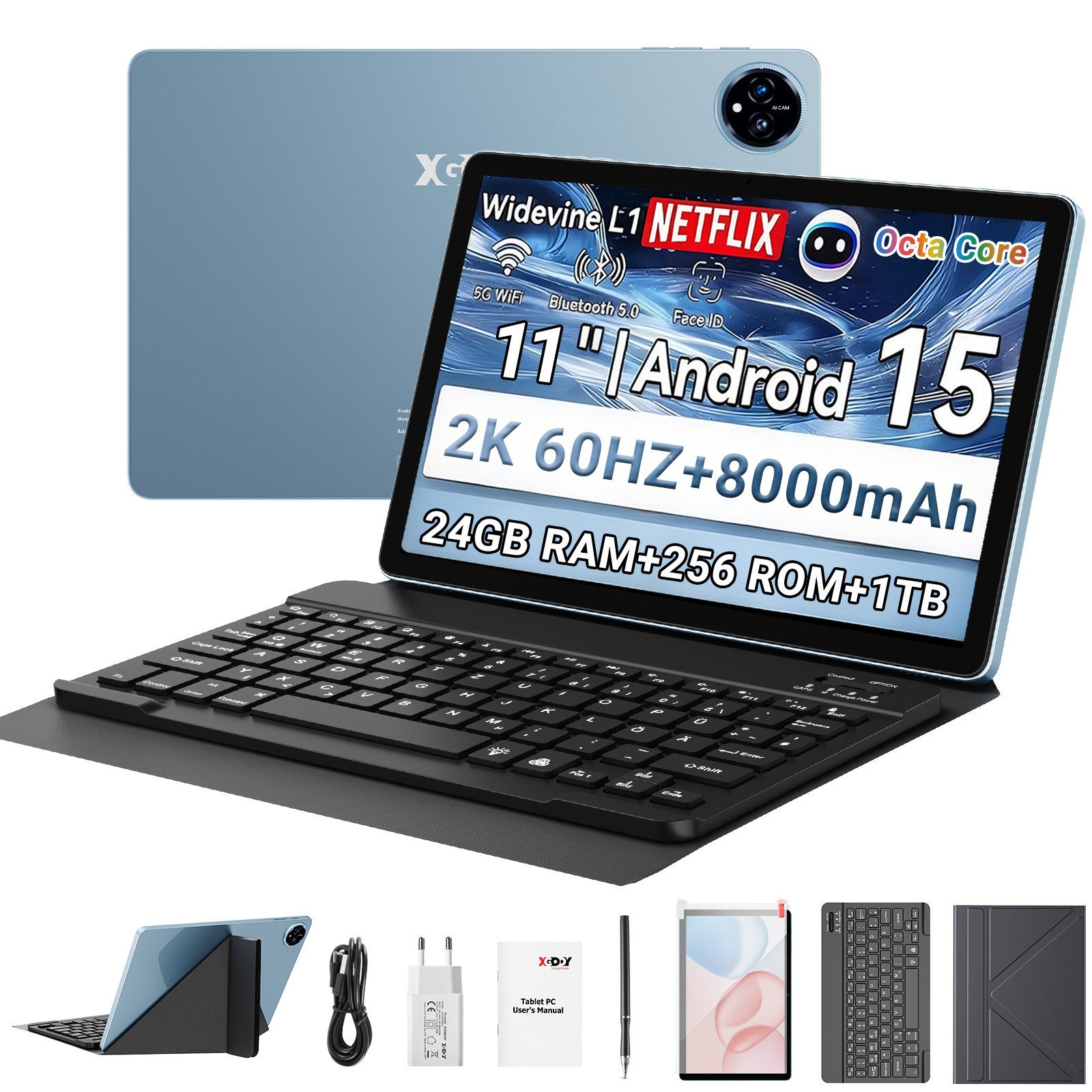 XGODY 11"(16GB+256GB) Android 15(Kostenlose Ledertasche,Tastatur, Ladegerät) Tablet (11", 256 GB, Android 15, 5G WIFI, 16GB RAM, Android 15, Widevine L1,8-Core,HD PC Mit Tastaturtasche)