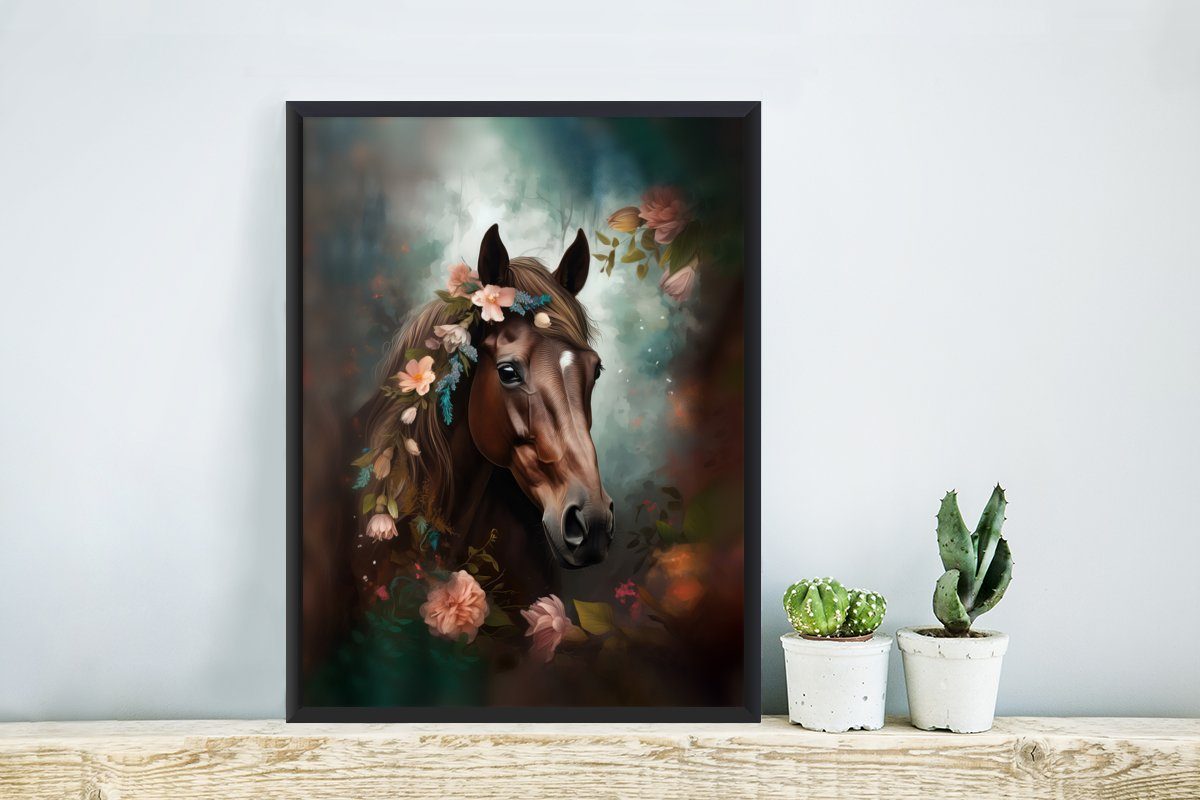 MuchoWow Poster Pferd Tiere Rahmen, St), - - Gerahmtes Wald, Kunstdruck, - (1 Blumen - Natur Poster, mit Bilderrahmen Schwarzem