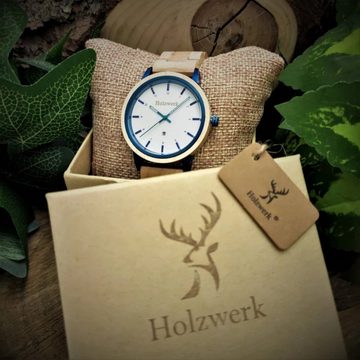 Holzwerk Quarzuhr HEIDENAU Damen & Herren Holz Armband Uhr mit Datum, beige, weiß & blau