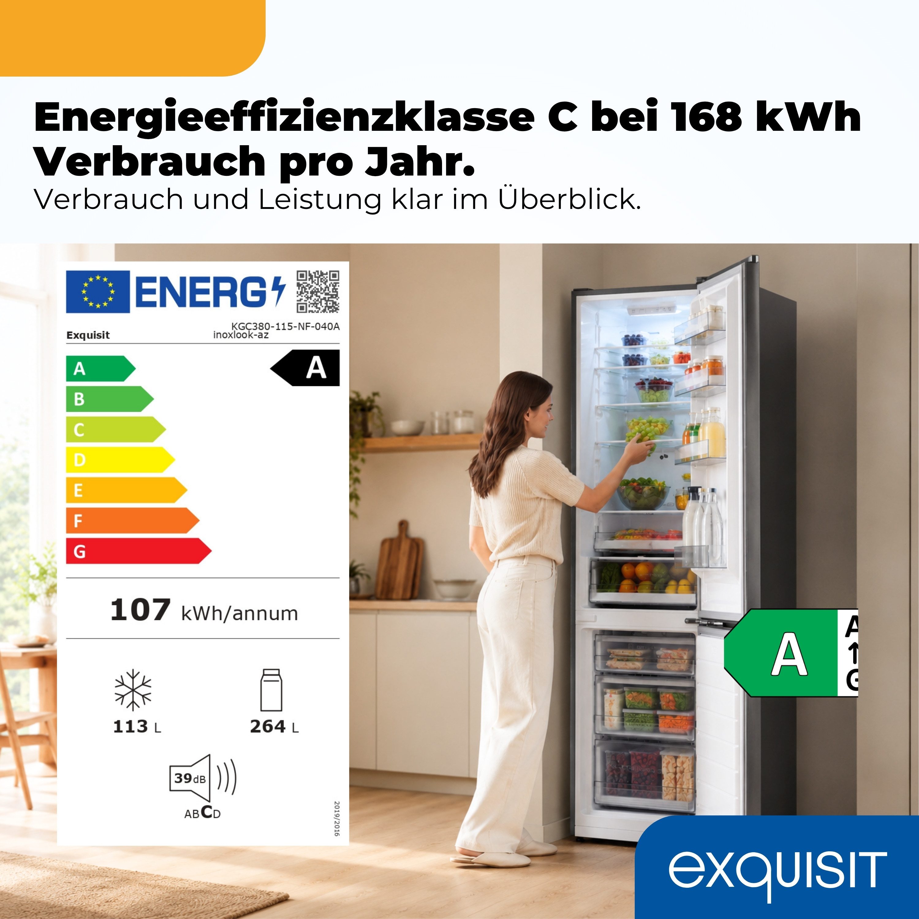 exquisit Kühl-/Gefrierkombination KGC380-115-NF-040A inoxlook-az, 200,5 cm hoch, 59,5 cm breit, Humidity Box für optimale Feuchtigkeitsregulierung & kein Abtauen mehr