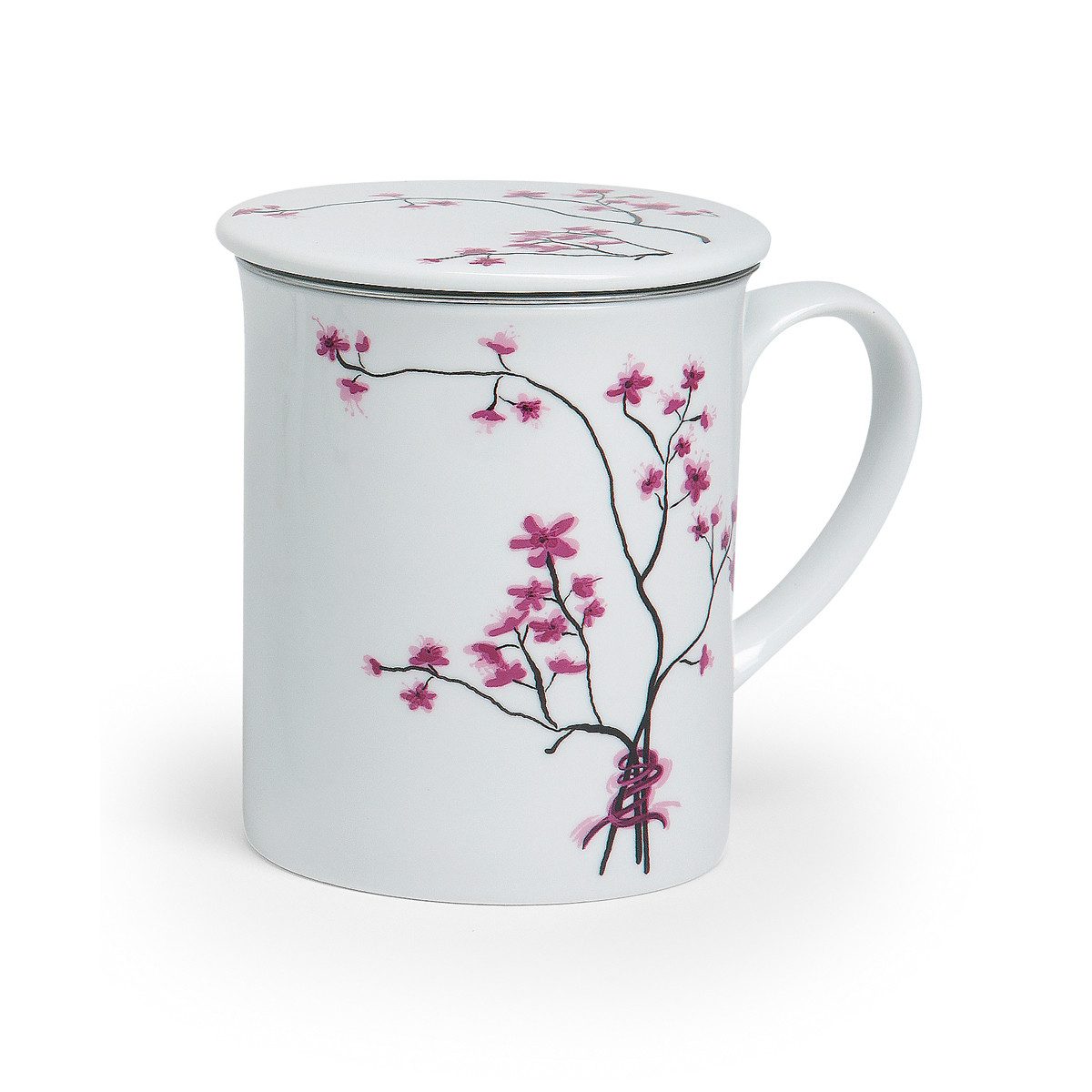 Dekomiro Tasse Dekomiro 2er Set TeaLogic Teetasse Cherry Blossom mit Teesieb, Porzellan