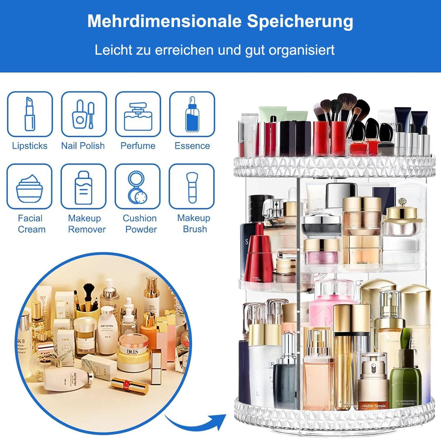SURFOU Badorganizer Drehbarer Make up organizer schminktisch organizer kosmetik organizer (parfüm organizer, make up organizer drehbar, Richtige Größe, 1 St., 3 – Bild 3 von 5