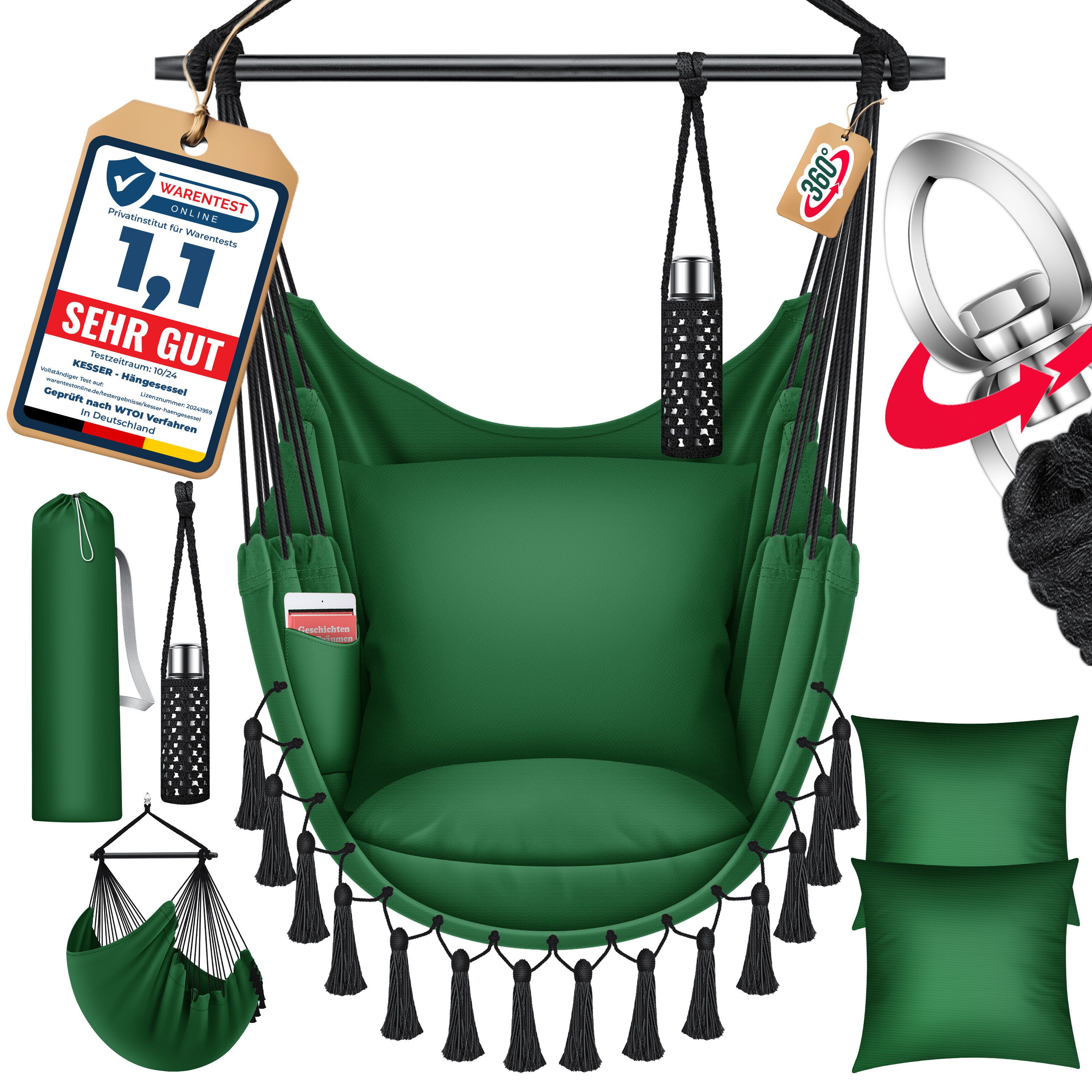 KESSER Hängesessel, Hängestuhl mit Kissen, Getränkehalter & Bücherfach belastbar bis 150kg