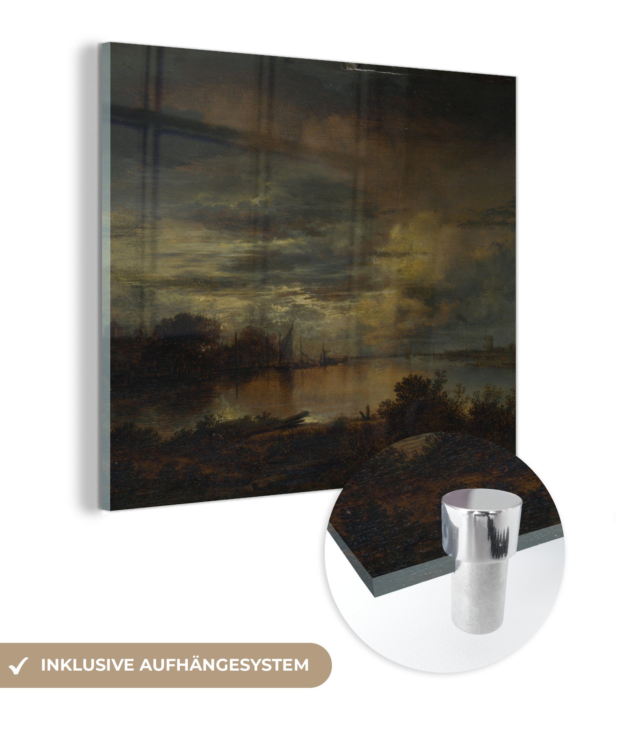 Fluss Ein Dorf Wandbild van Mondlicht Wanddekoration - Neer, von an der - Glasbilder einem MuchoWow Glas Bilder im Gemälde auf - Foto (1 St), Aert Acrylglasbild - auf Glas